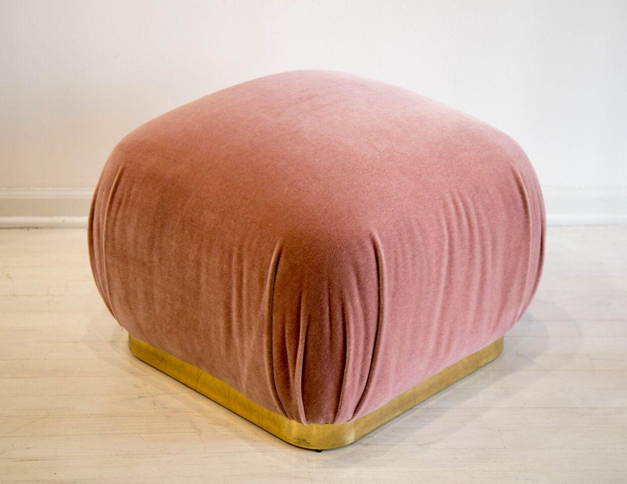 Late 20th Century Large Brass Plinth Souffle Ottoman in Dusty Rose Mohair