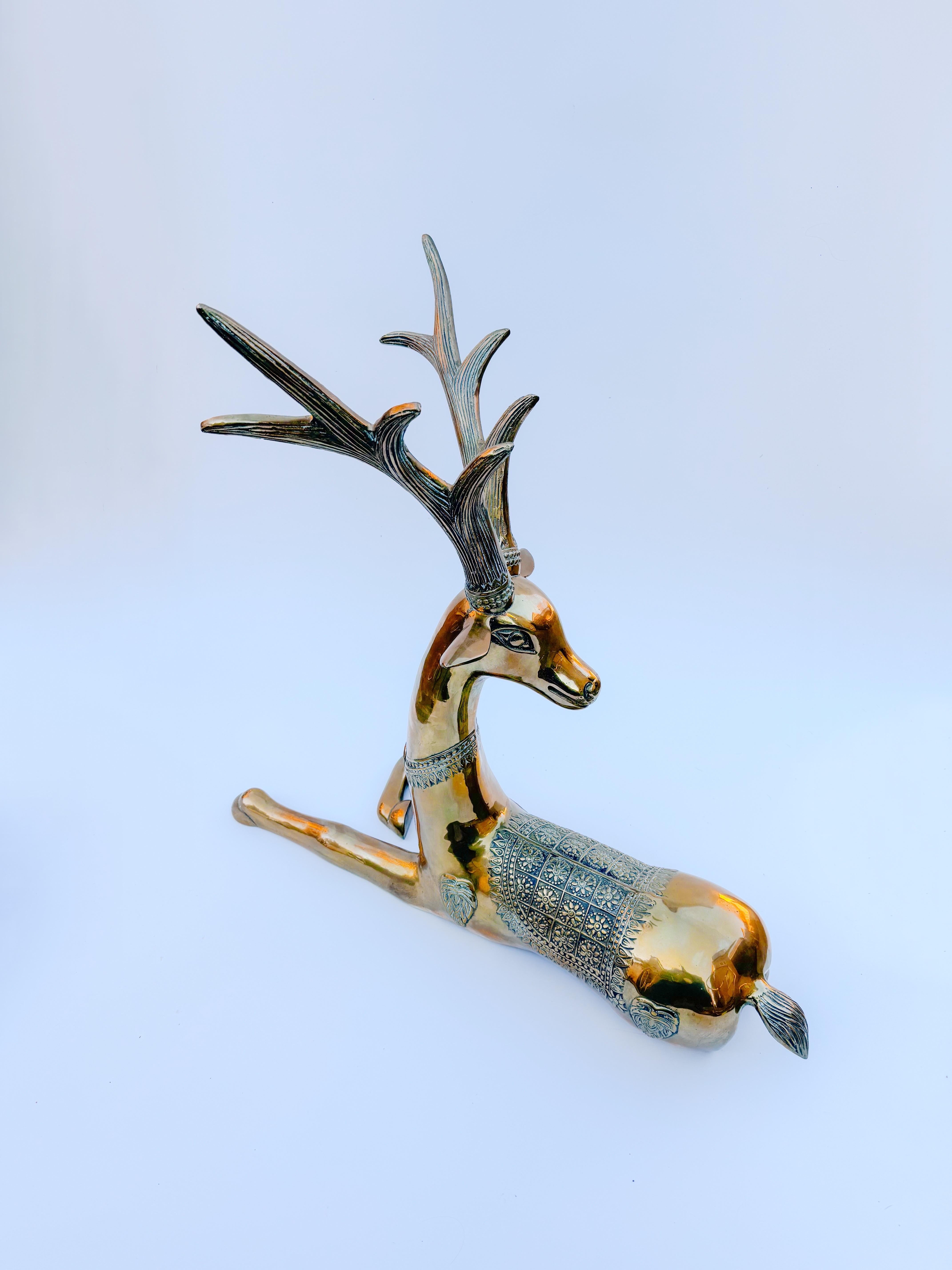 Hollywood Regency Large Brass Recumbent Deer Sculpture reindeer Heavy