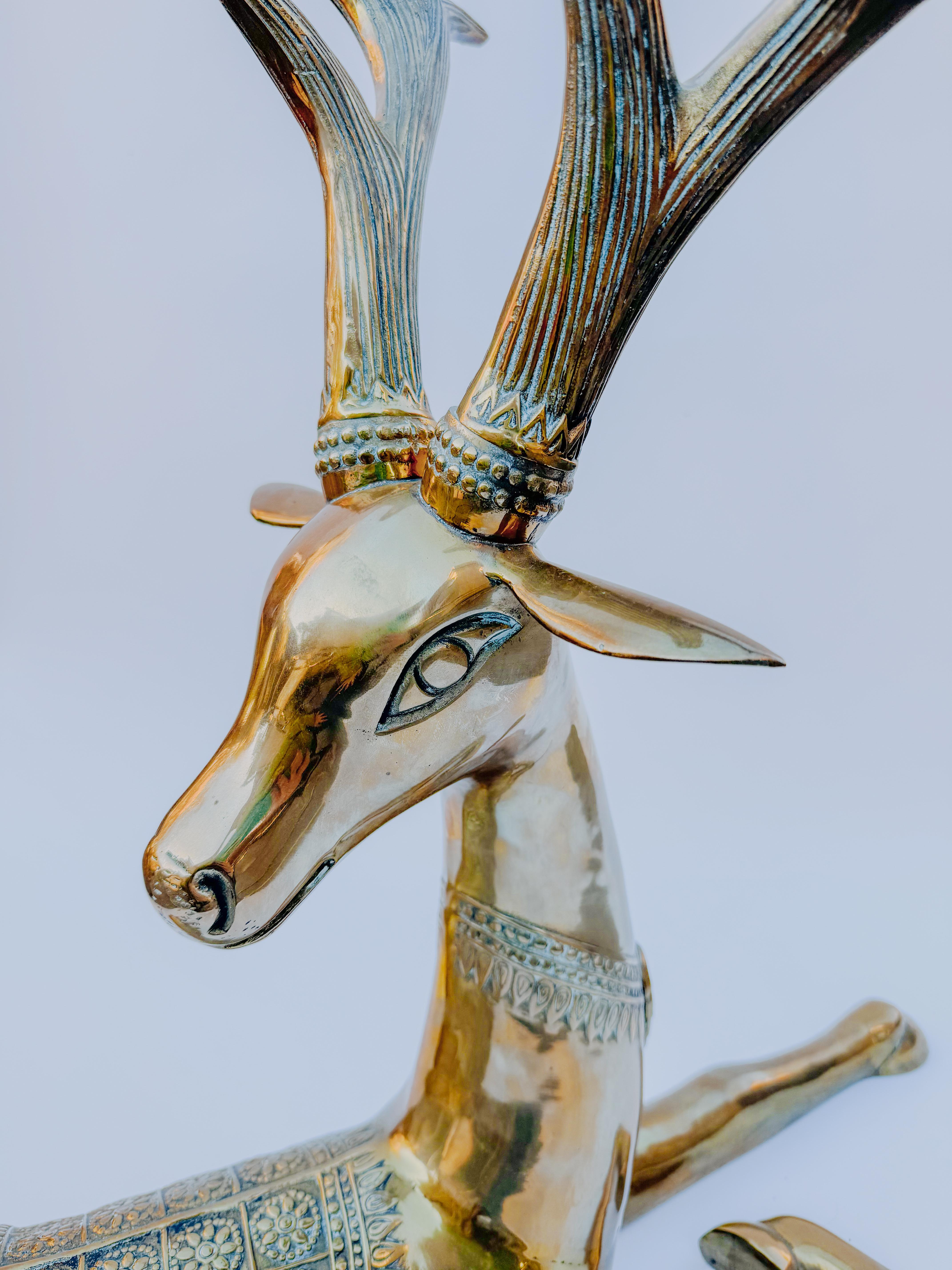 20th Century Large Brass Recumbent Deer Sculpture reindeer Heavy