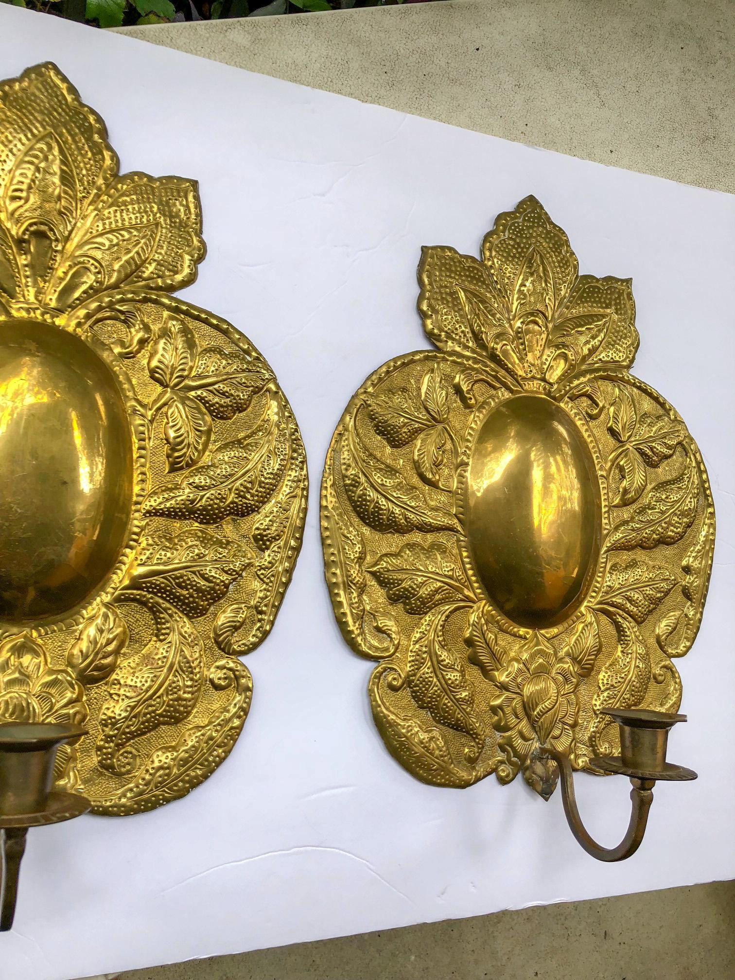 Baroque Large Brass Repousse Wall Sconces, Pair For Sale