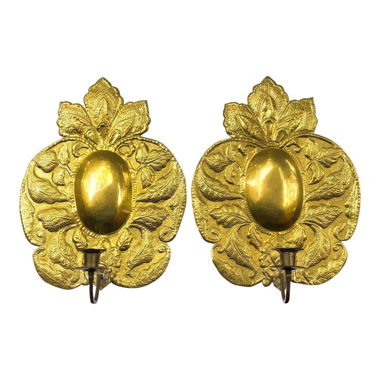 Large Brass Repousse Wall Sconces, Pair For Sale