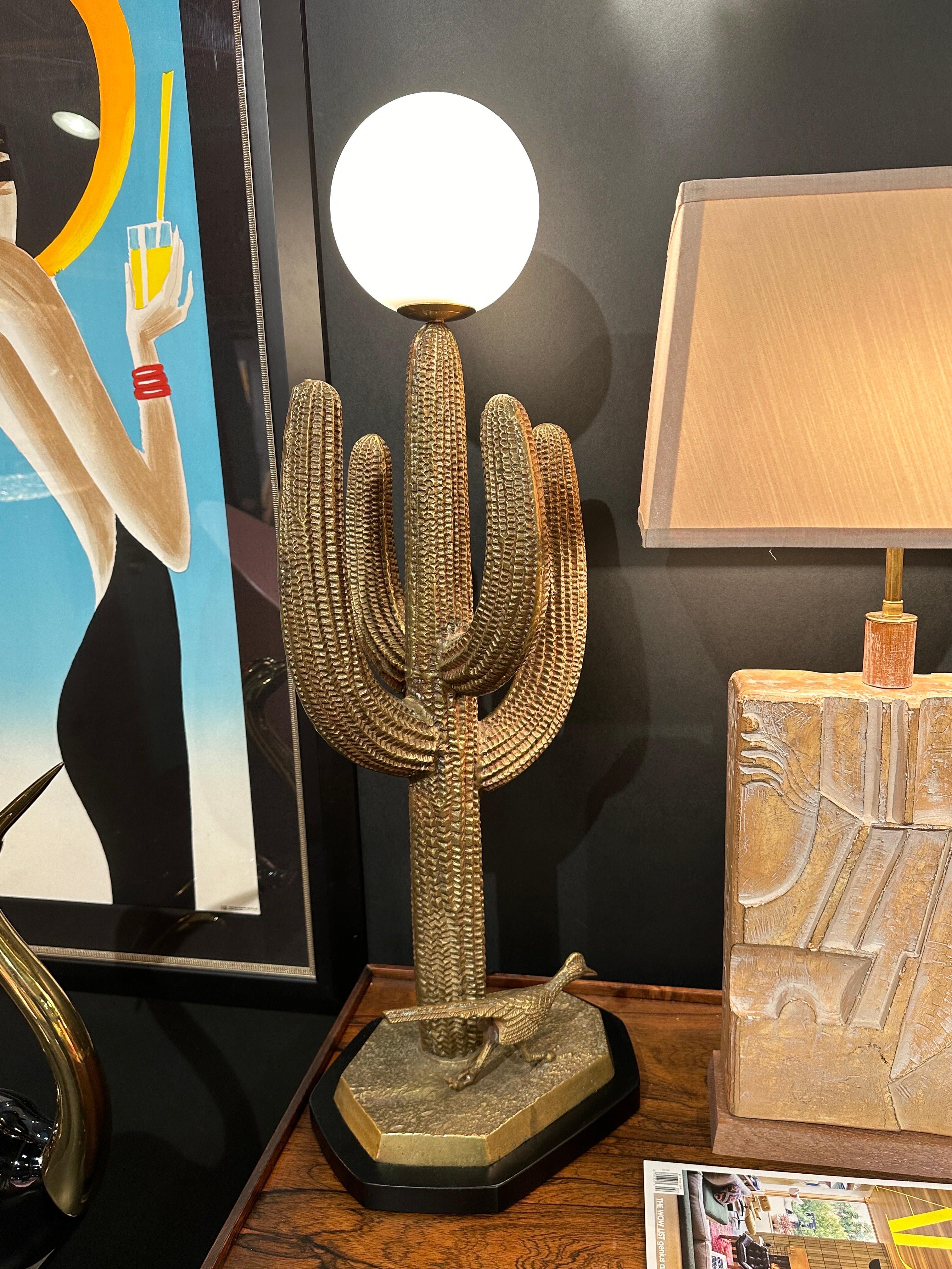 Brass saguaro cactus and roadrunner sculpture from 1970’s mounted as lamps. Only brass cactus is 29