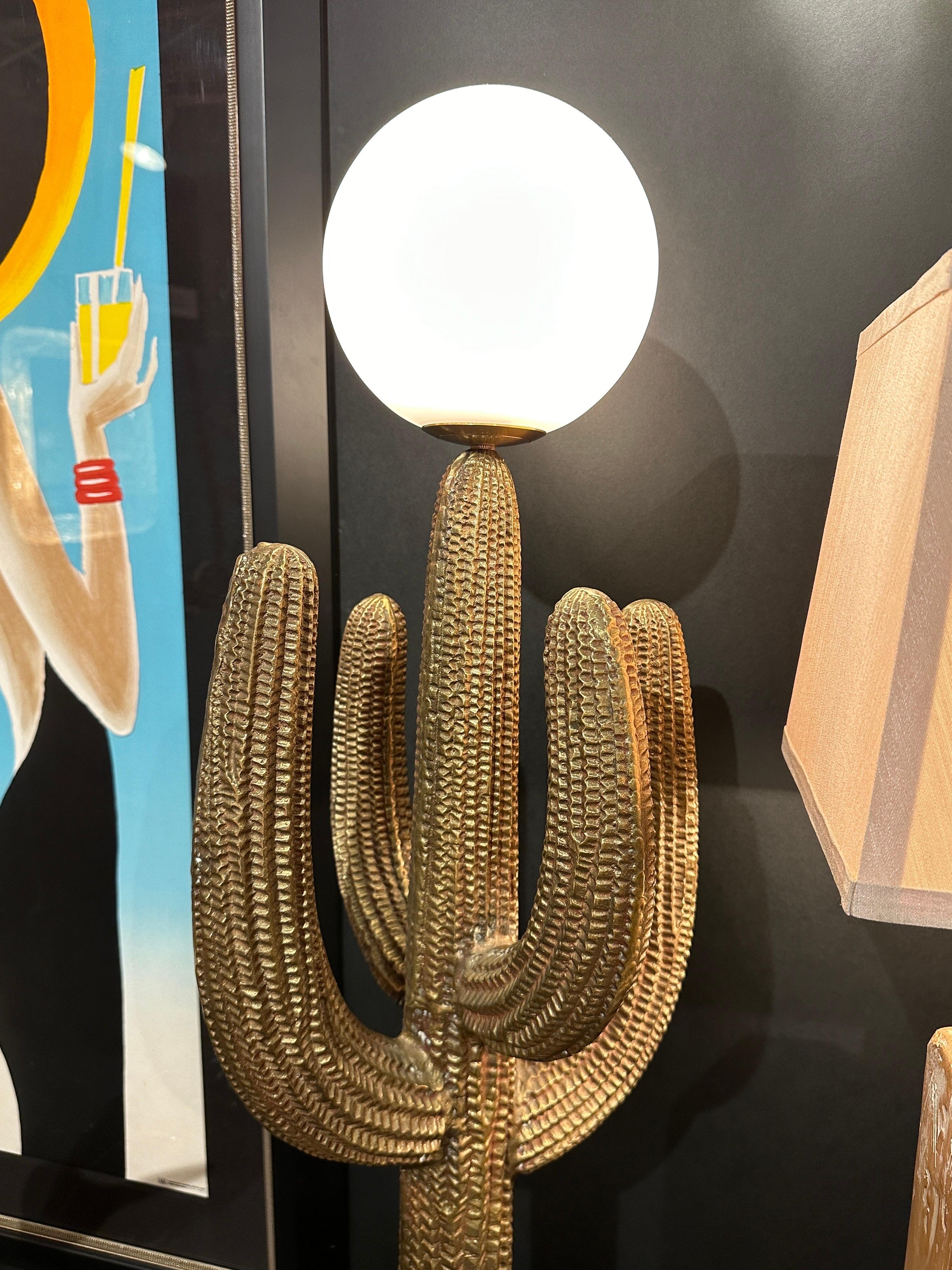 Hollywood Regency Large Brass Saguaro Cactus Sculpture Lamp For Sale