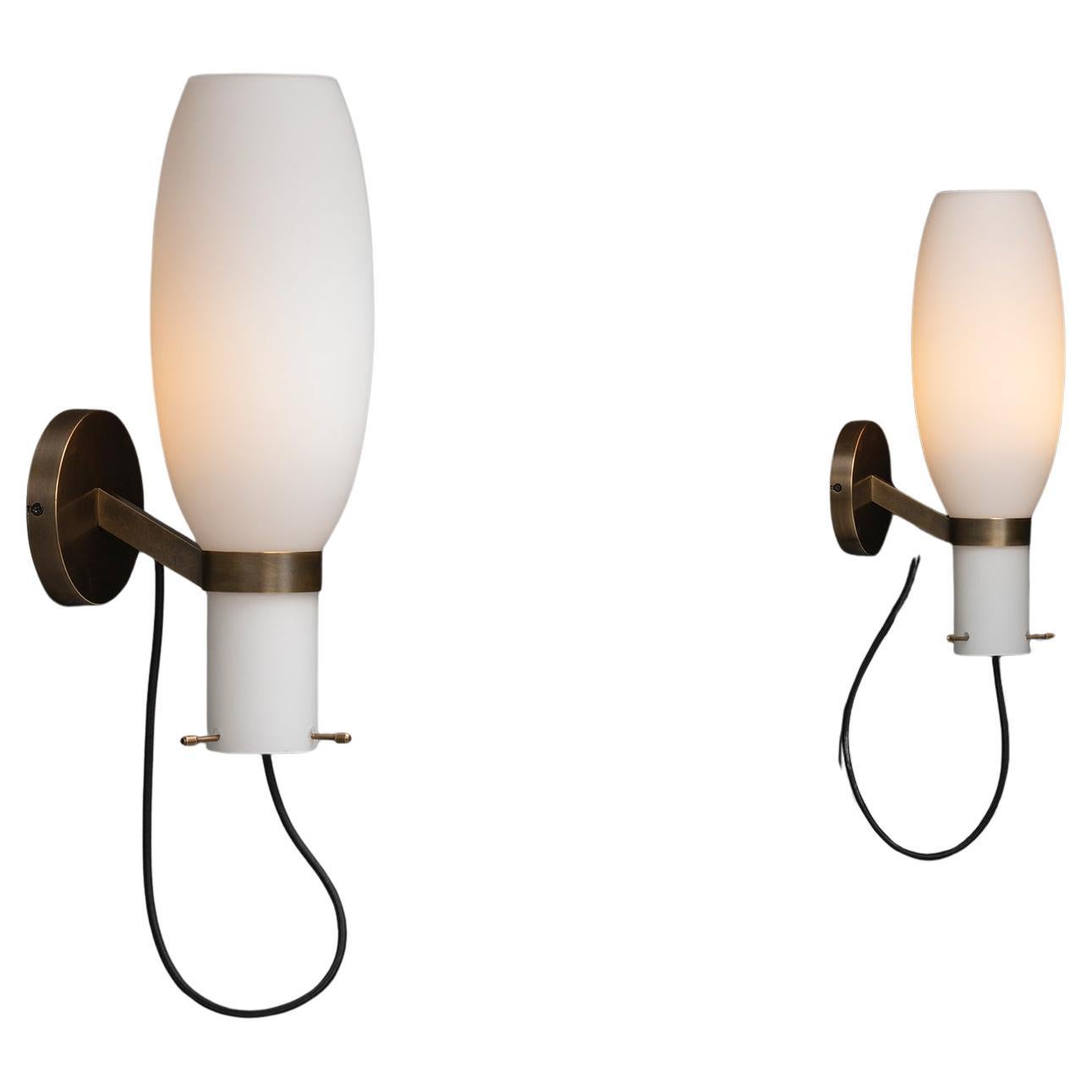 Vintage 1950s Large Brass Sconces with Satin Glass Shades from Italy