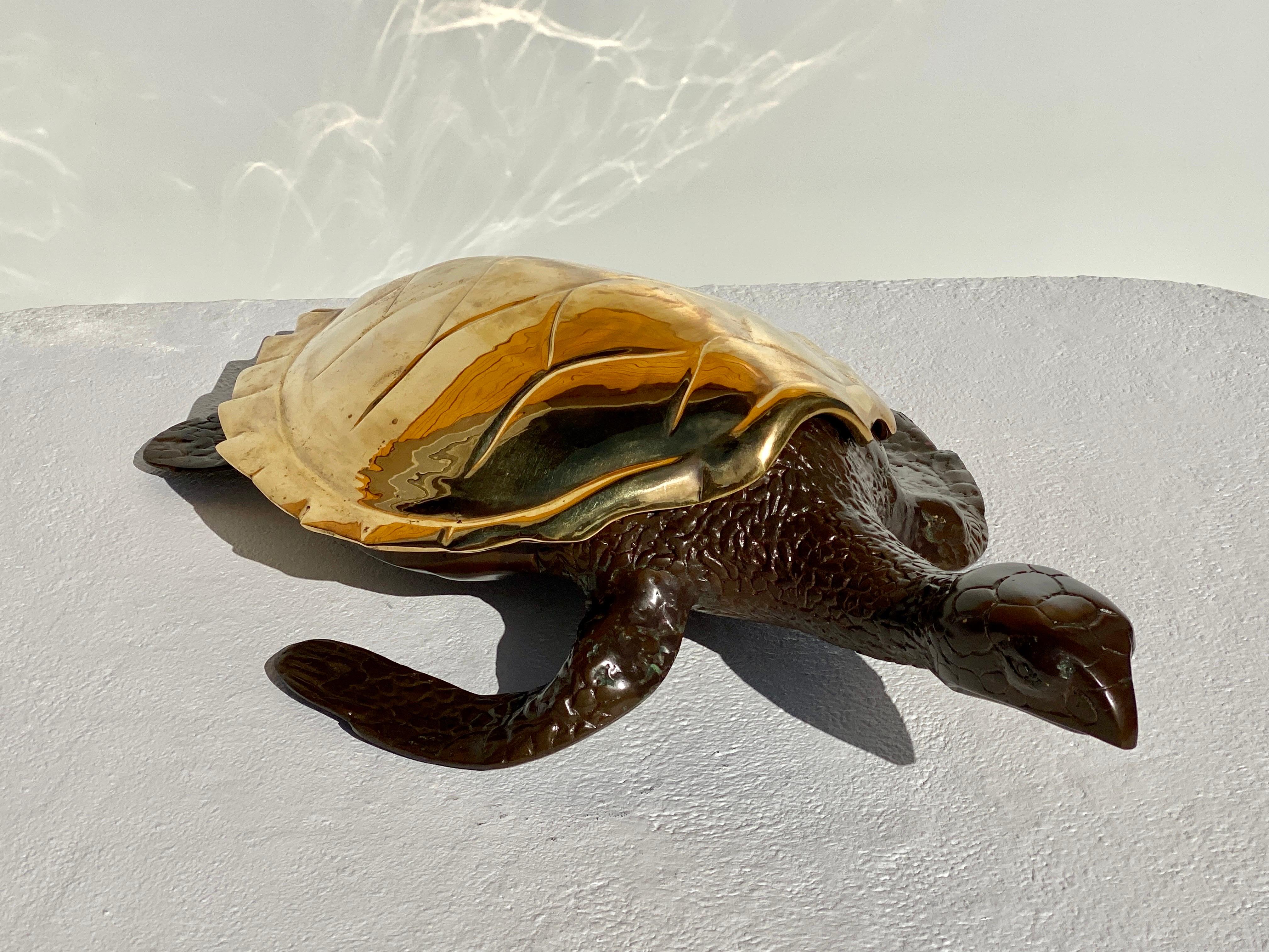 Large brass sea turtle sculpture / decorative box / catch all.
Shell is polished brass and rest of body is in patinated finish.
We also have a smaller size in our other listing LU985031284932