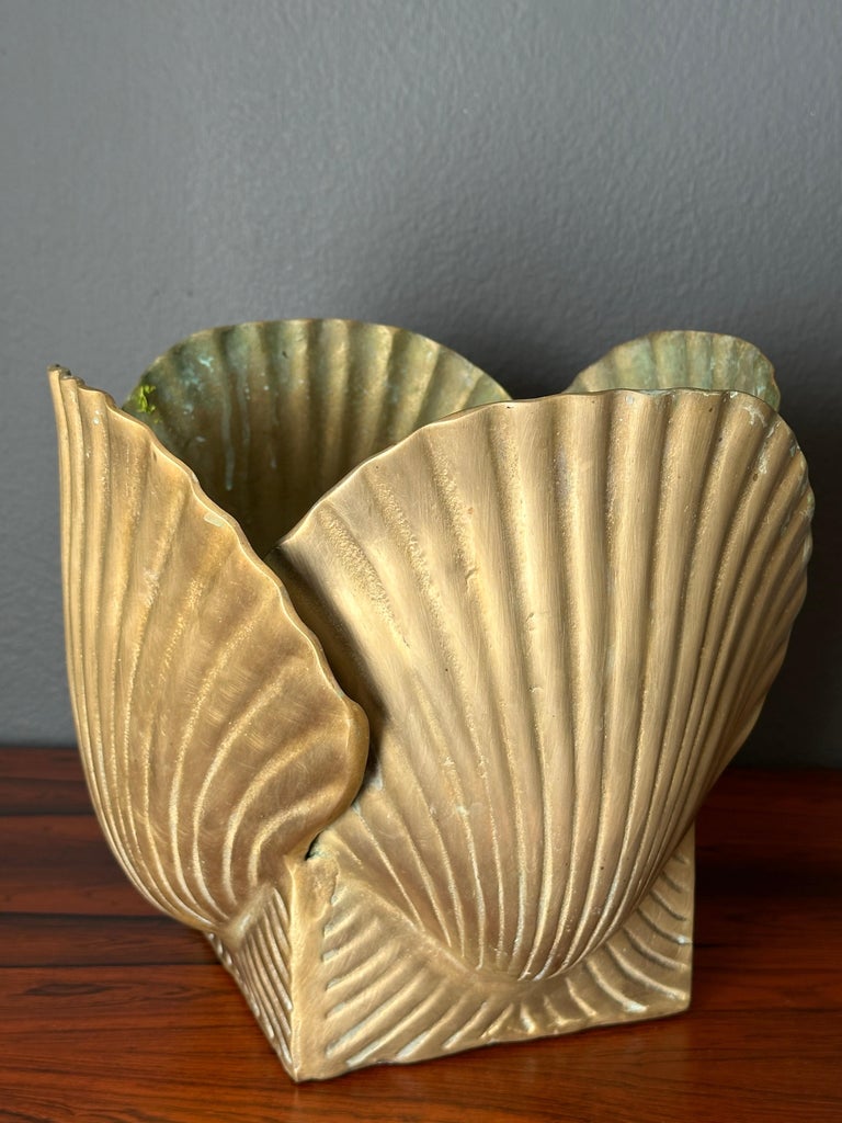 Vintage 5 Solid Brass Planter Two Handles, Seashell Scallop Clam
