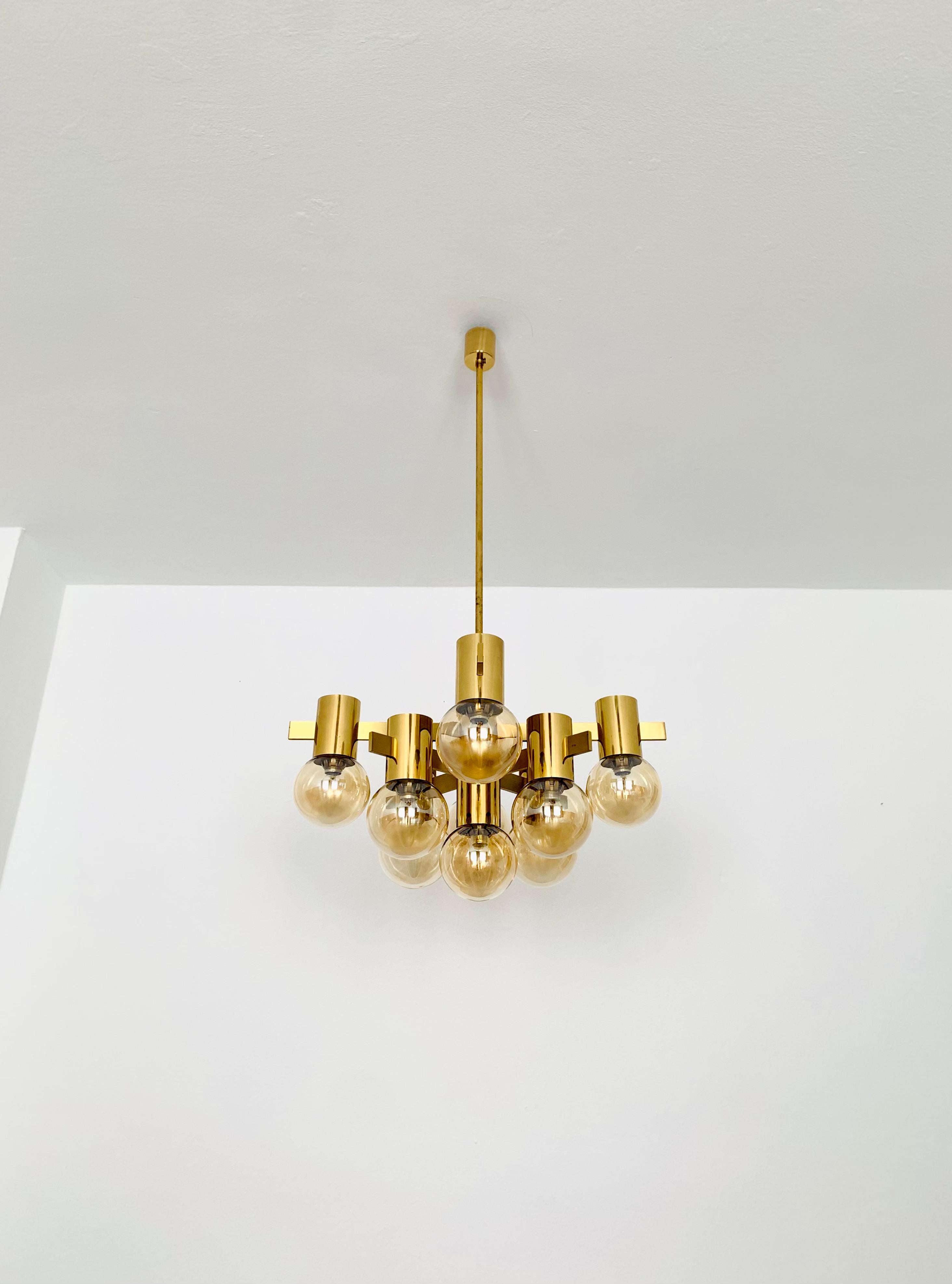 German Large Brass Sputnik Chandelier For Sale