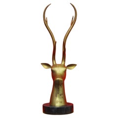 Large Brass Stag Head Sculpture w/ Marble Base, 1970's