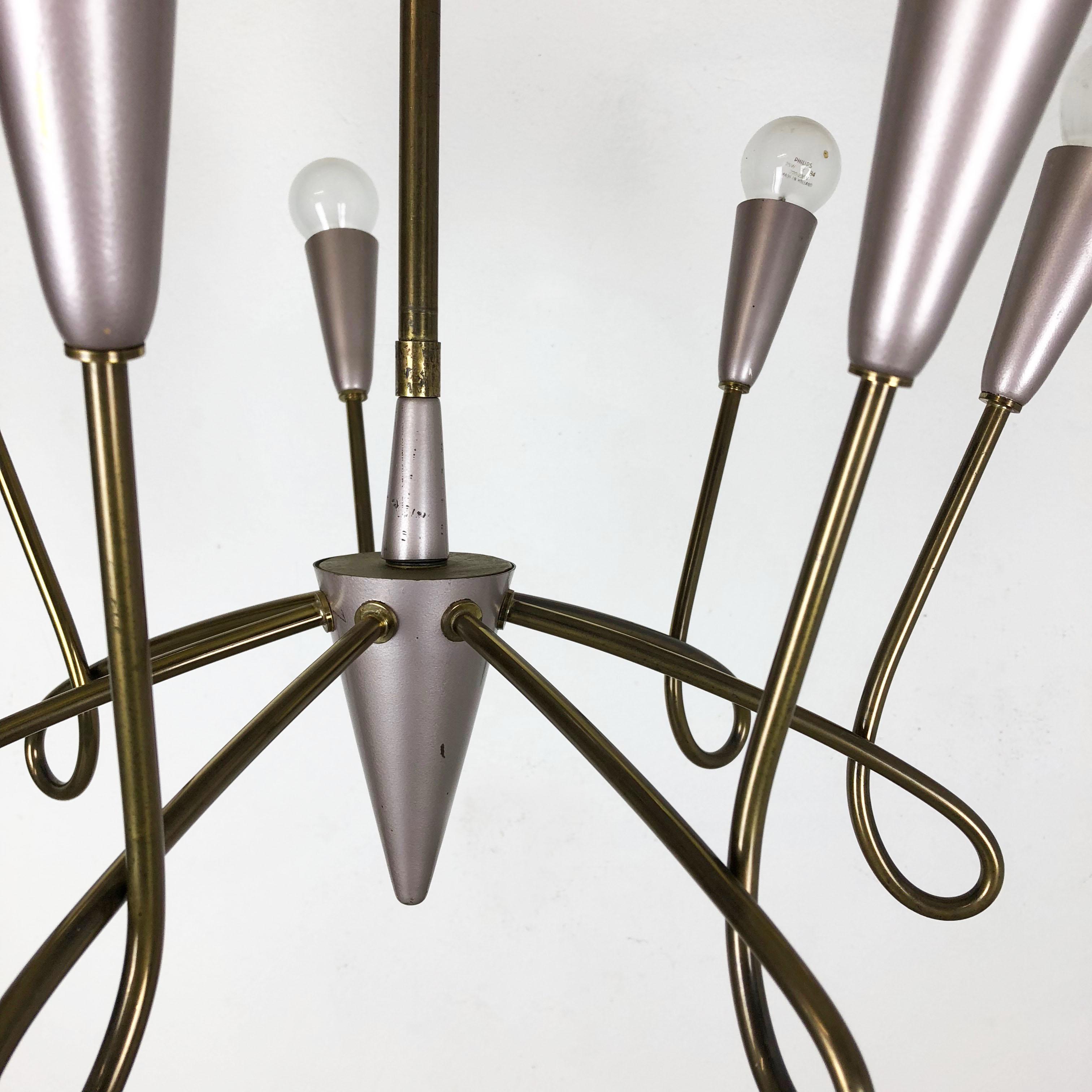 Large Brass Stilnovo Style Hanging Chandelier Light Sconces, Italy 1950s For Sale 7
