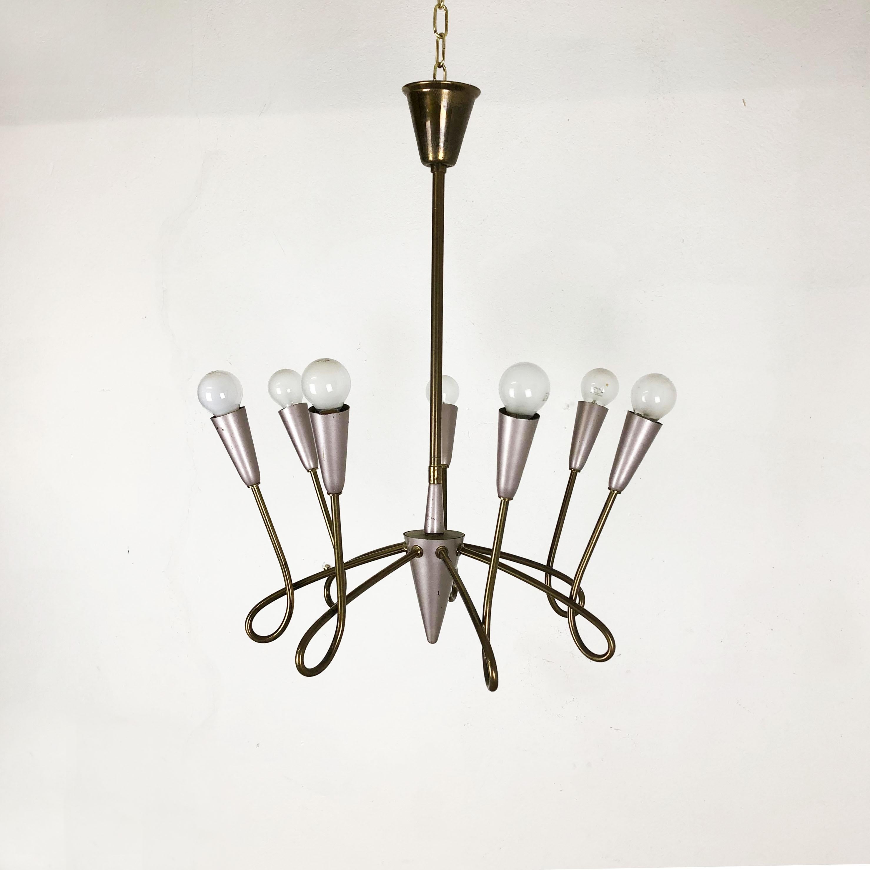 Italian Large Brass Stilnovo Style Hanging Chandelier Light Sconces, Italy 1950s For Sale