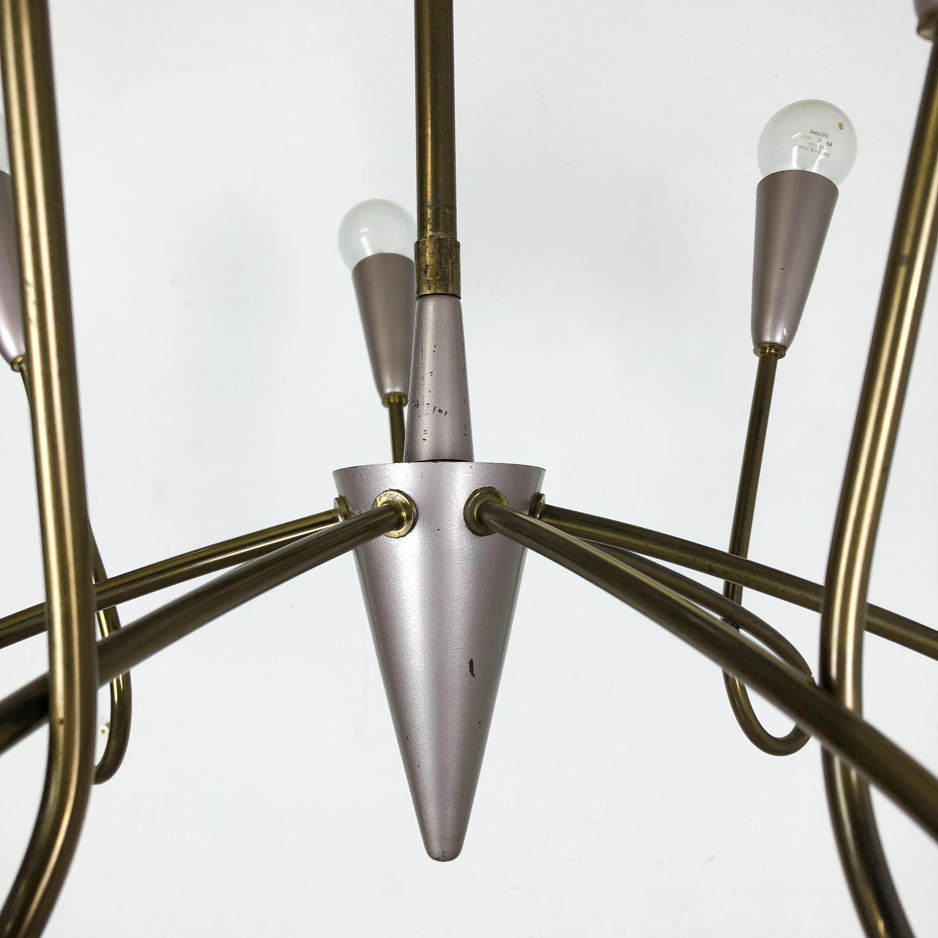 20th Century Large Brass Stilnovo Style Hanging Chandelier Light Sconces, Italy 1950s For Sale
