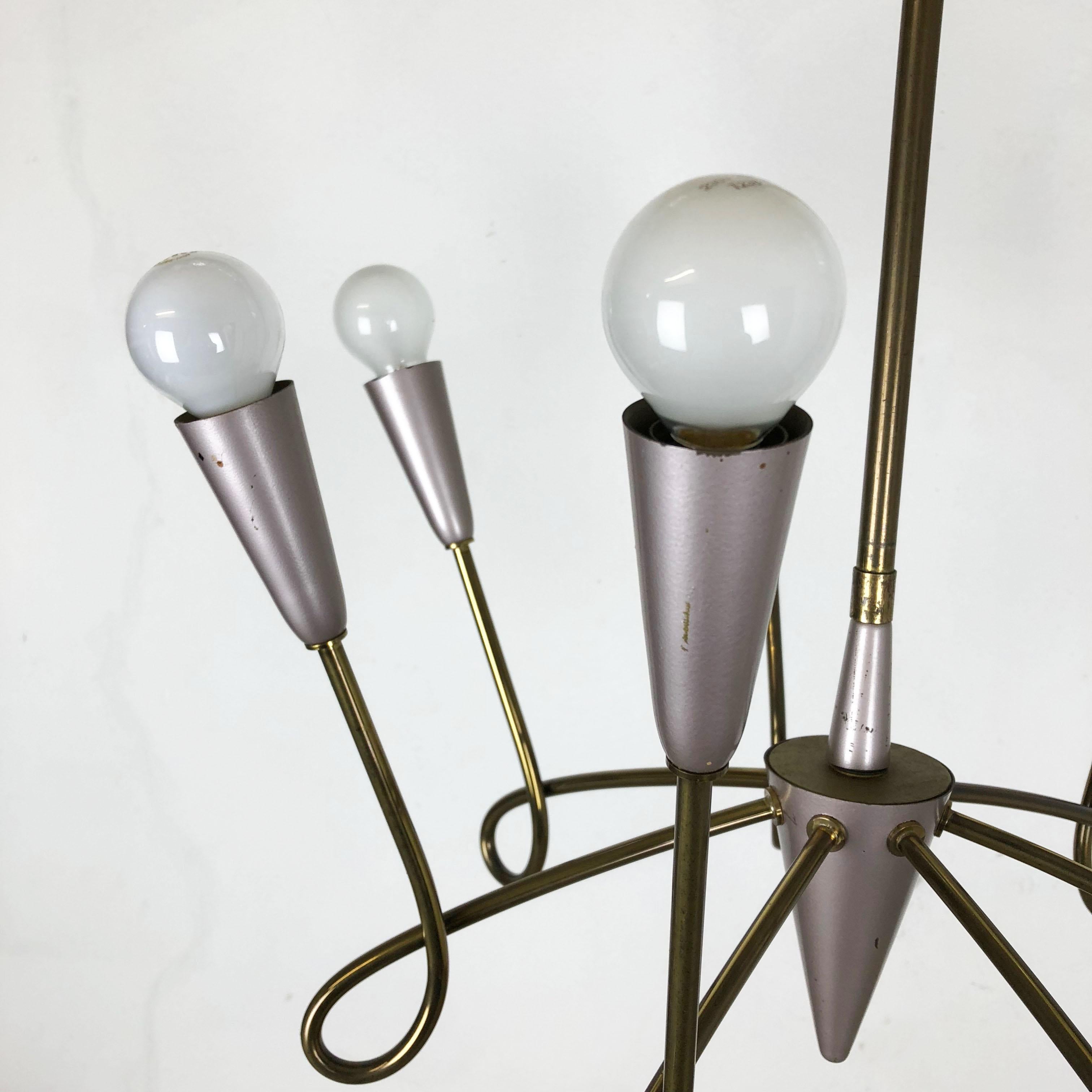 Large Brass Stilnovo Style Hanging Chandelier Light Sconces, Italy 1950s For Sale 1