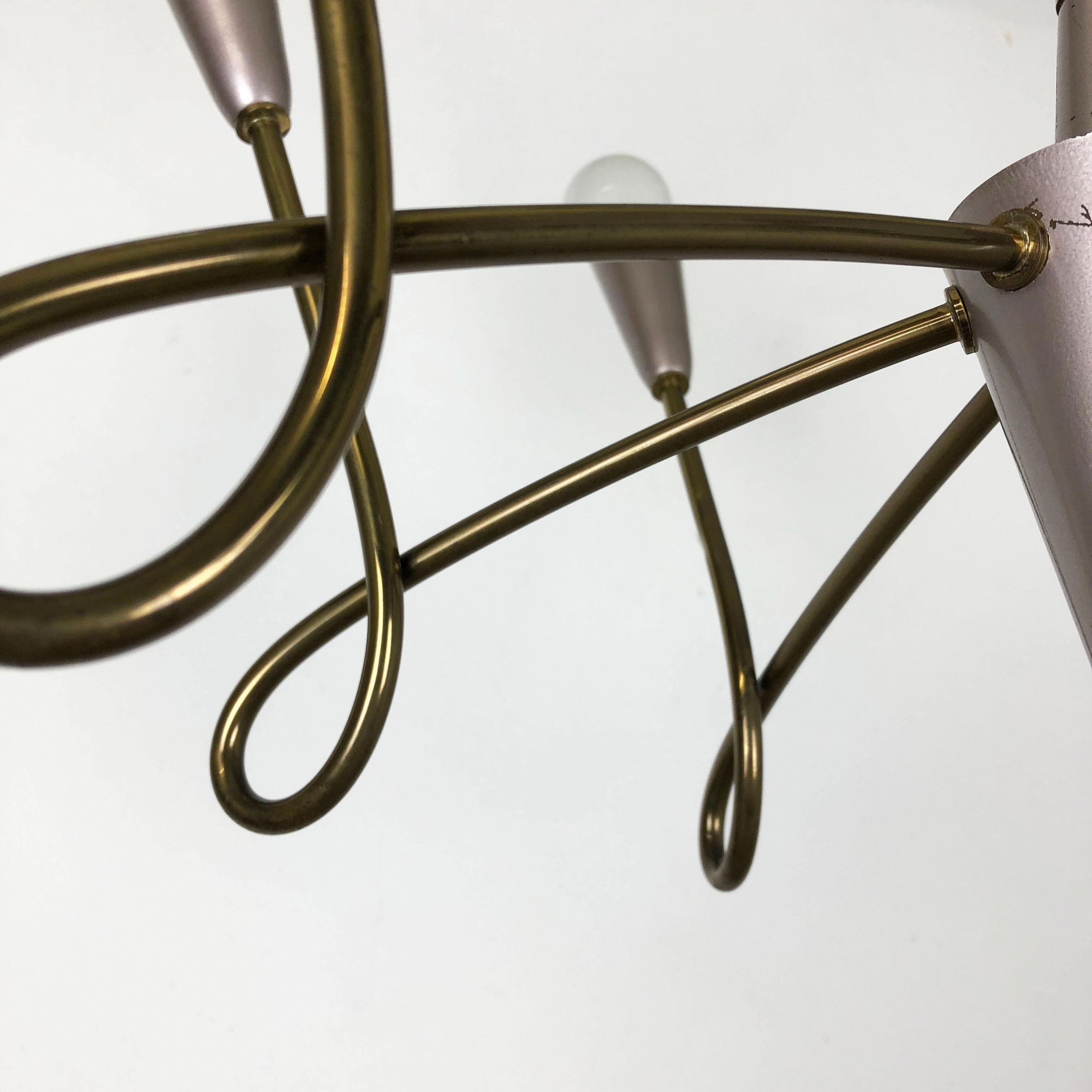 Large Brass Stilnovo Style Hanging Chandelier Light Sconces, Italy 1950s For Sale 2