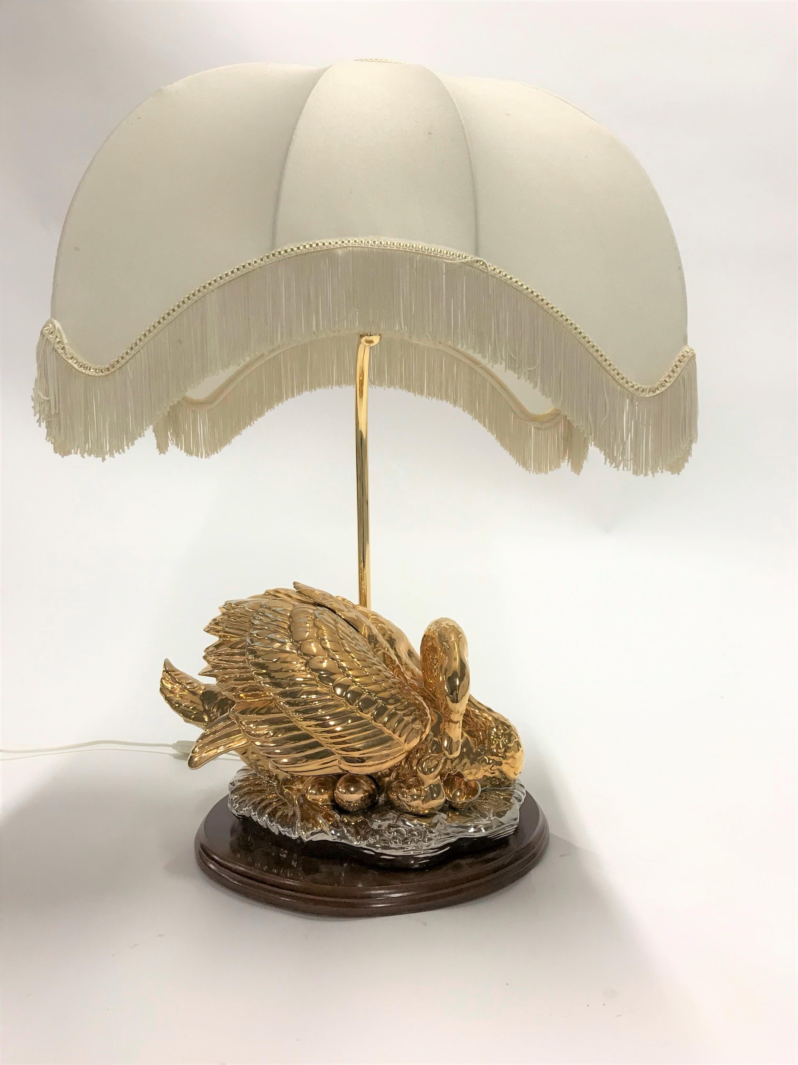 Hollywood Regency Large Brass Swan Table Lamp, 1960s