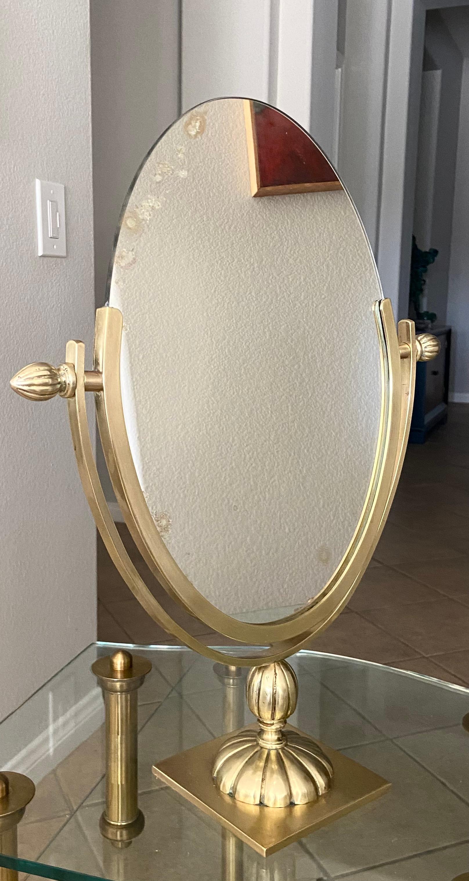 North American Large Brass Swivel Mirror Vanity Table Mirror For Sale