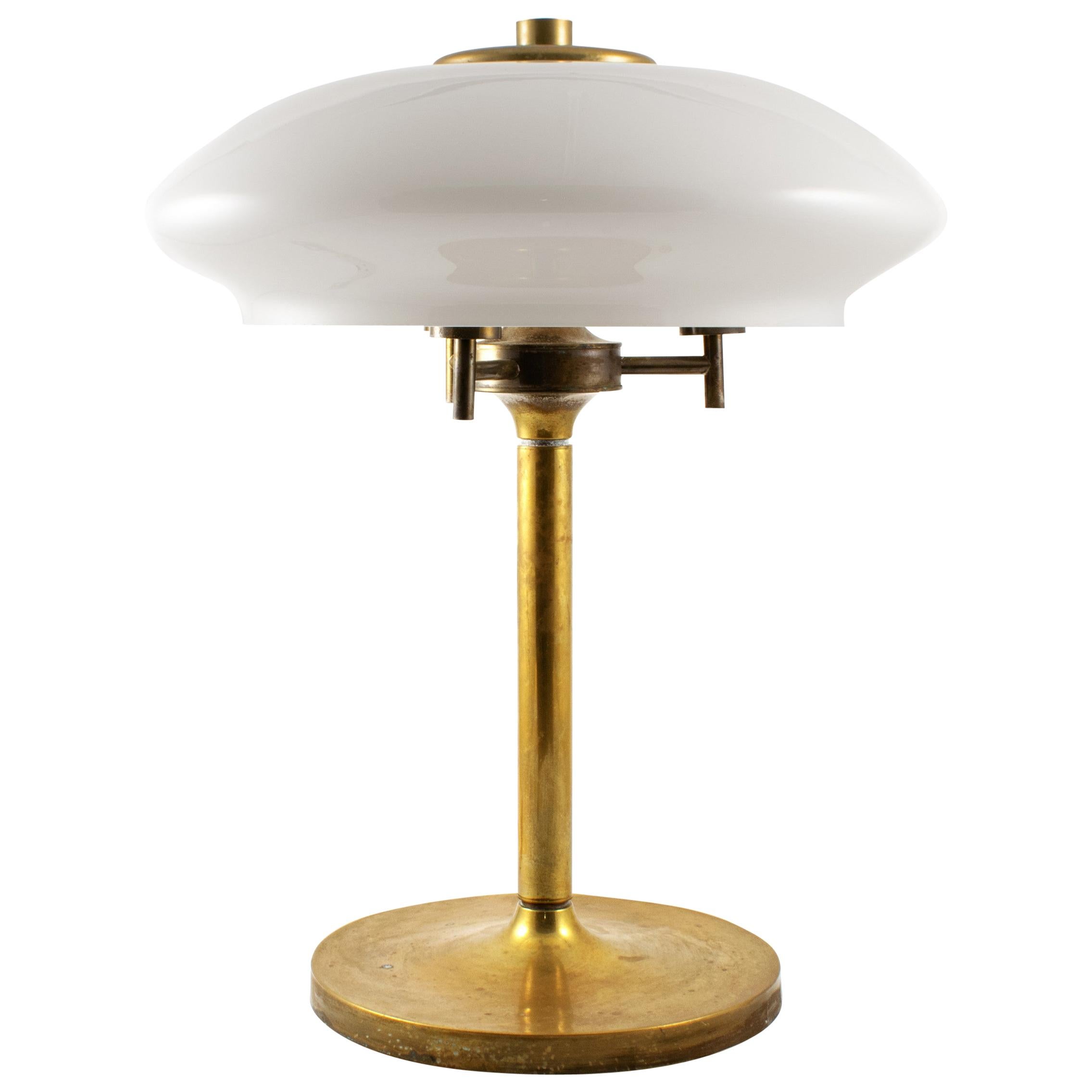 Large Brass Table Lamp with Opal Glass Shade