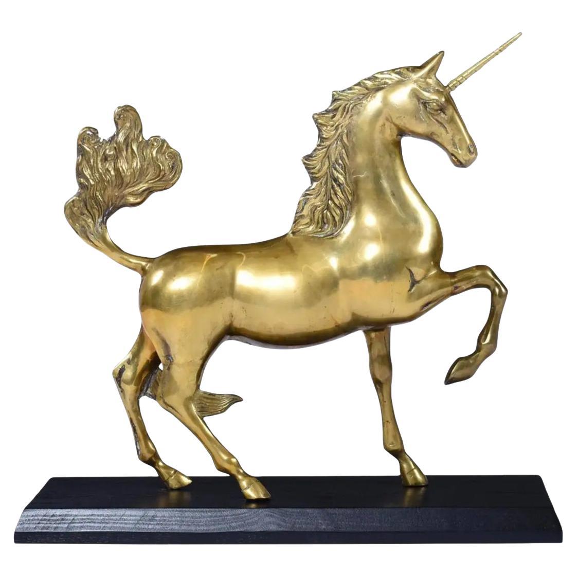 Large Brass Unicorn Sculpture Figurine on Black Wood Base