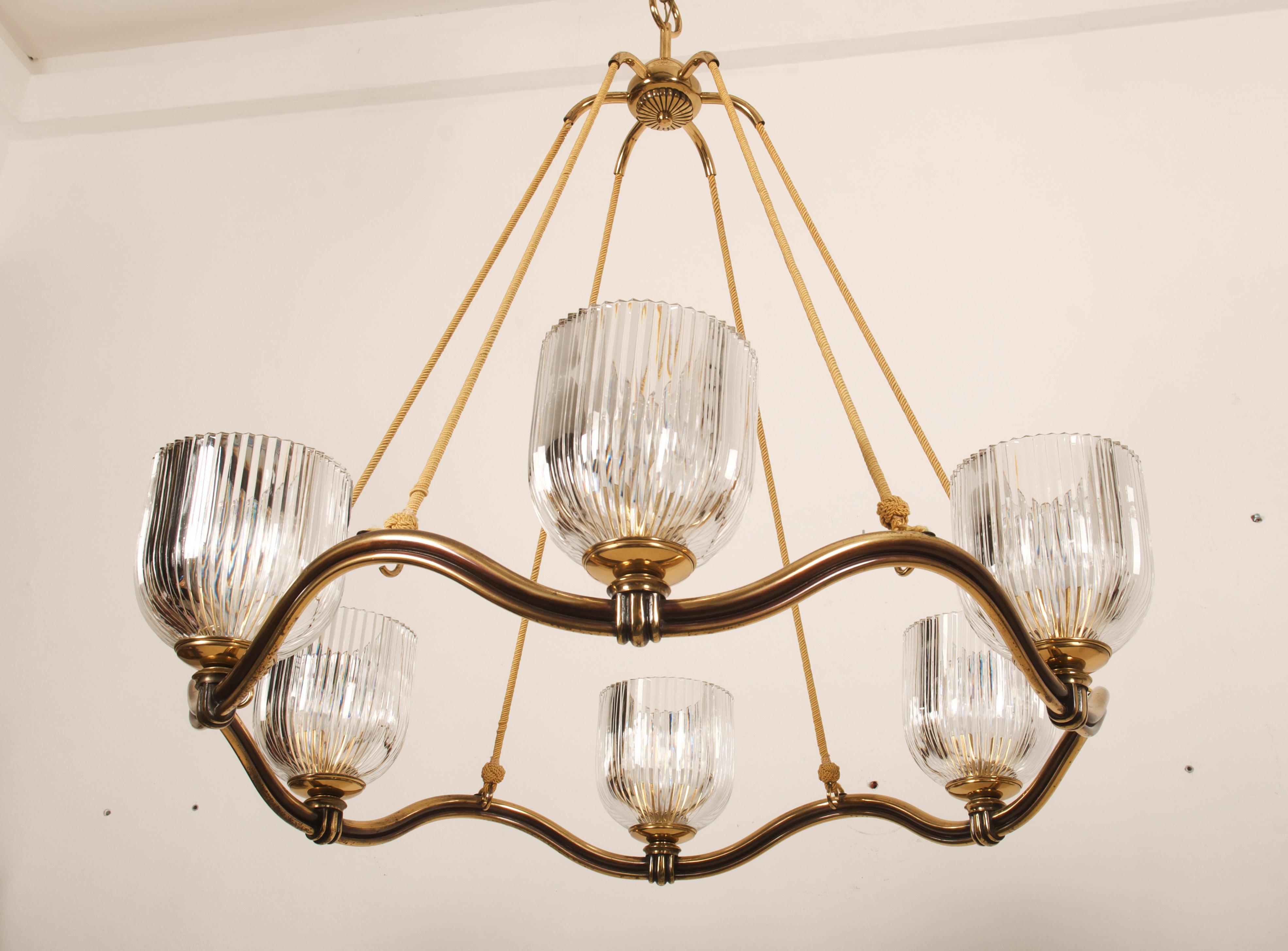 Mid-20th Century Large Brass Wave-Ring Chandelier by Hugo Gorge  For Sale
