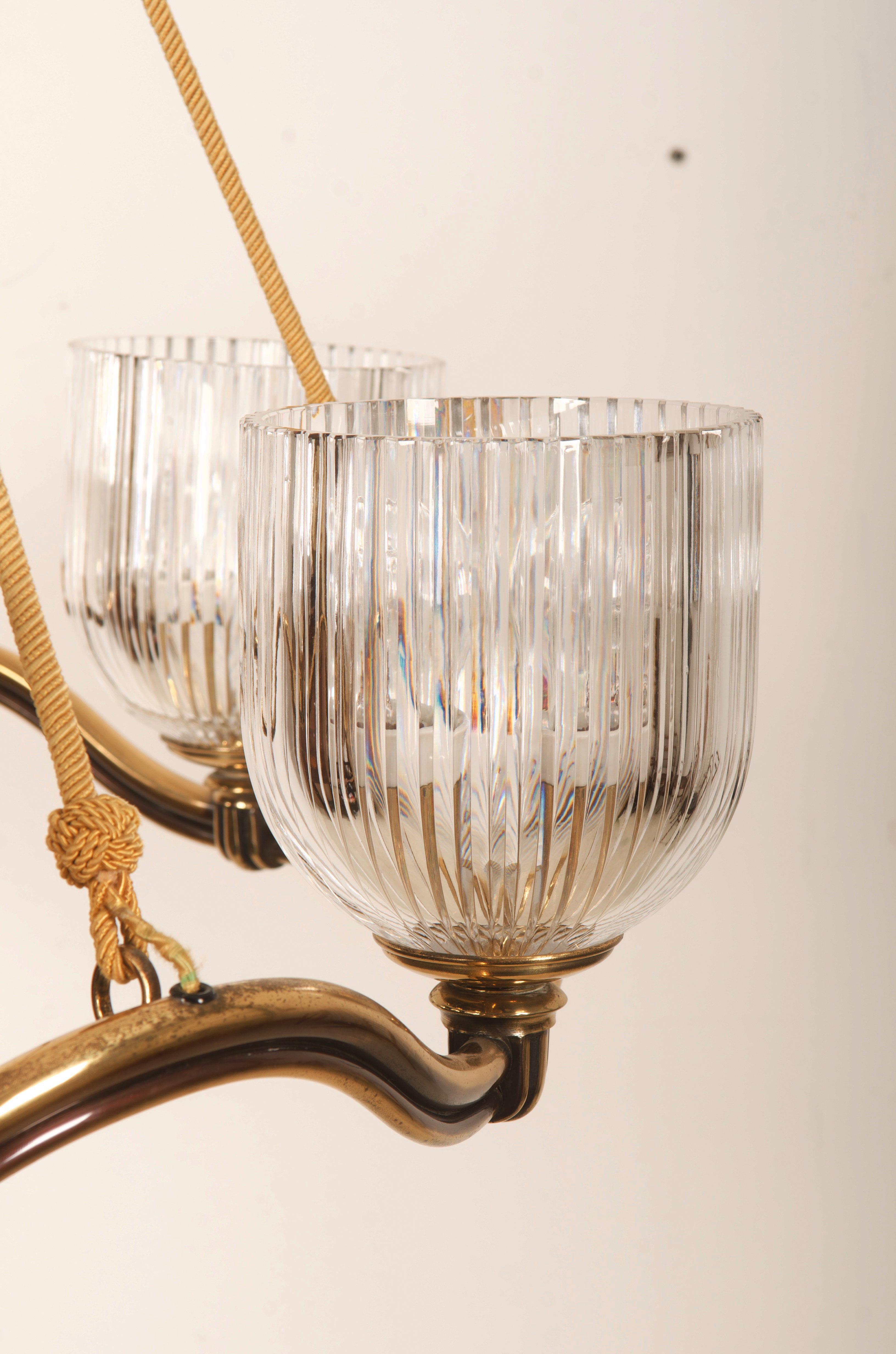 Crystal Large Brass Wave-Ring Chandelier by Hugo Gorge  For Sale