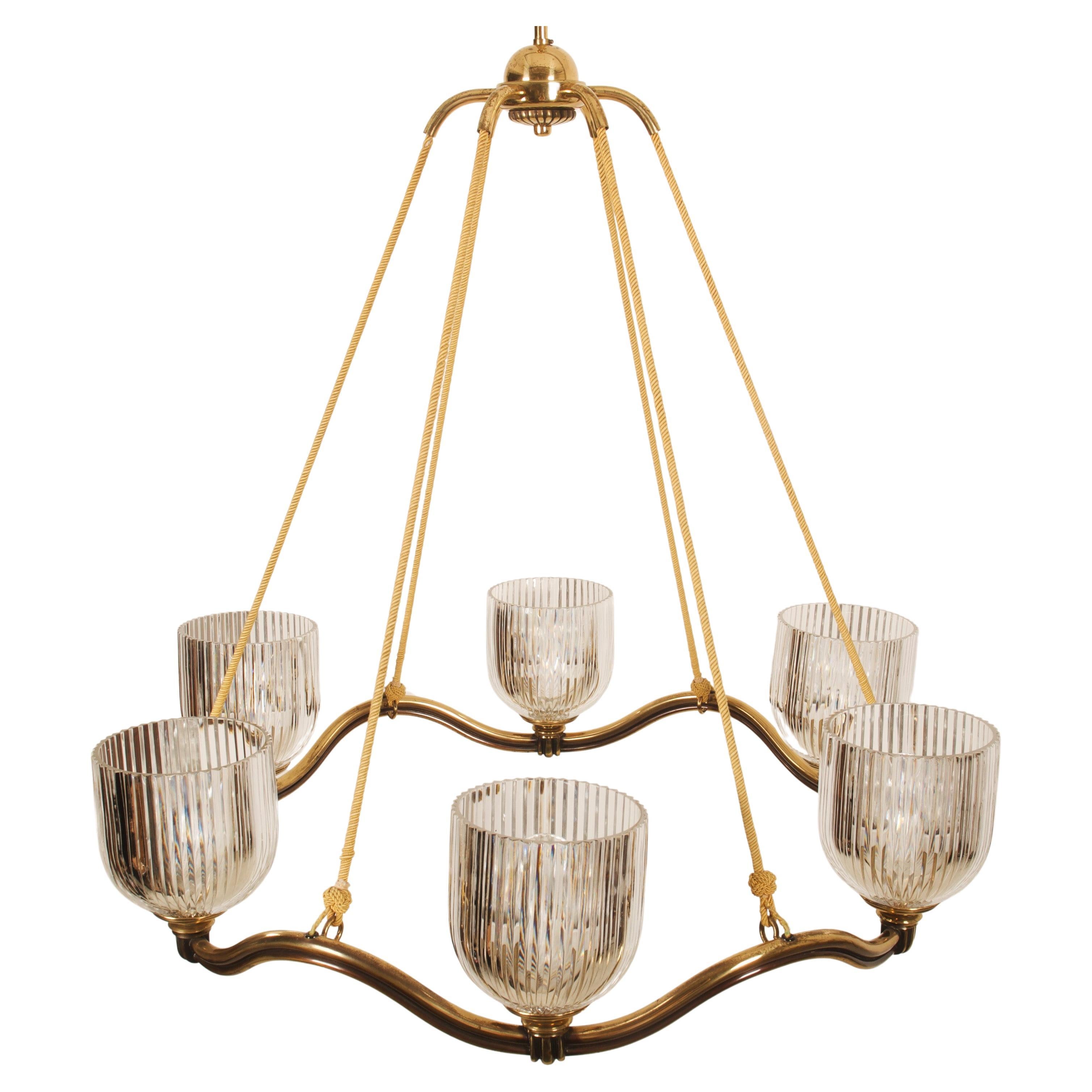 Large Brass Wave-Ring Chandelier by Hugo Gorge  For Sale
