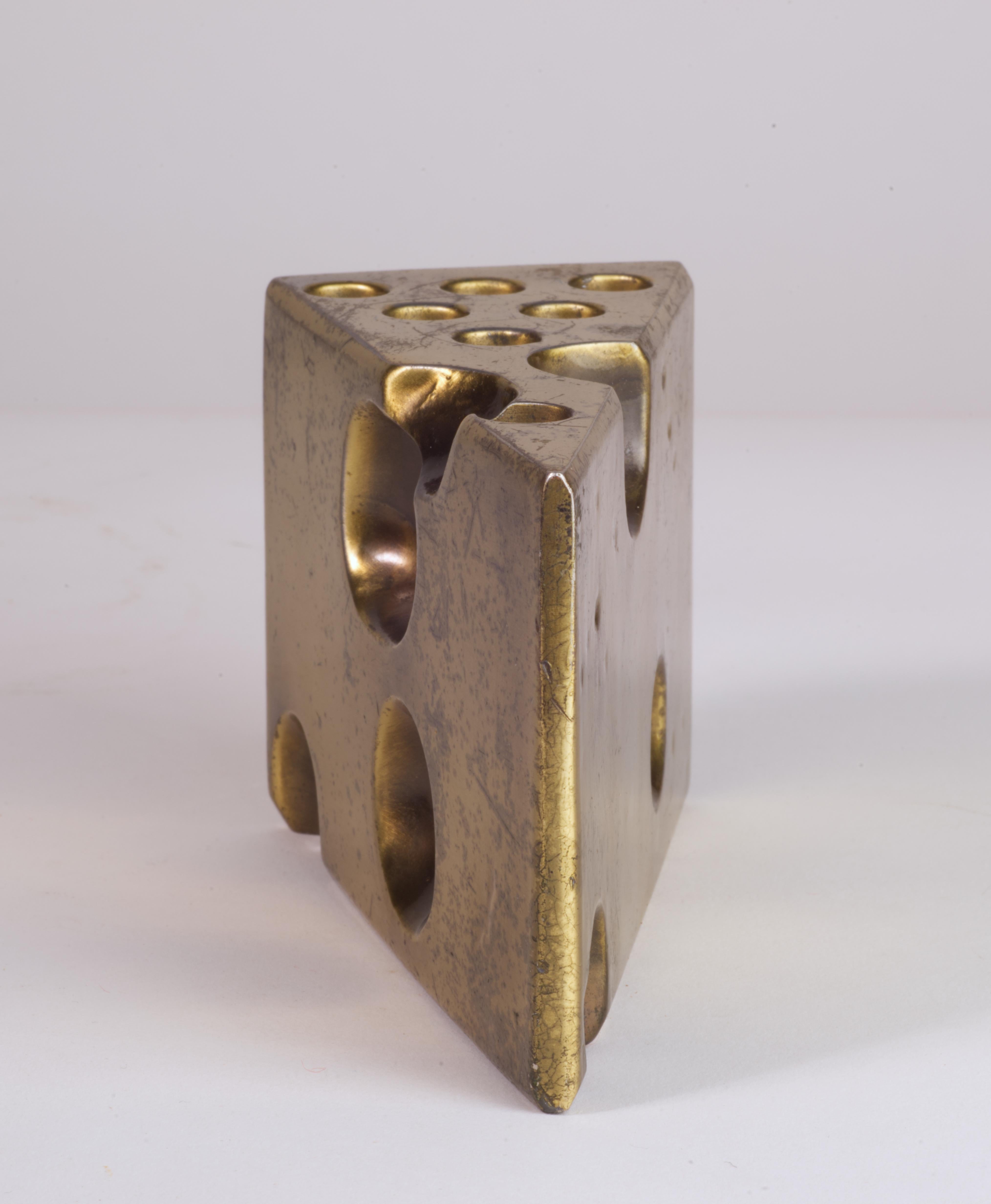 Post-Modern Large Brass Wedge of Swiss Cheese Paperweight or Sculpture