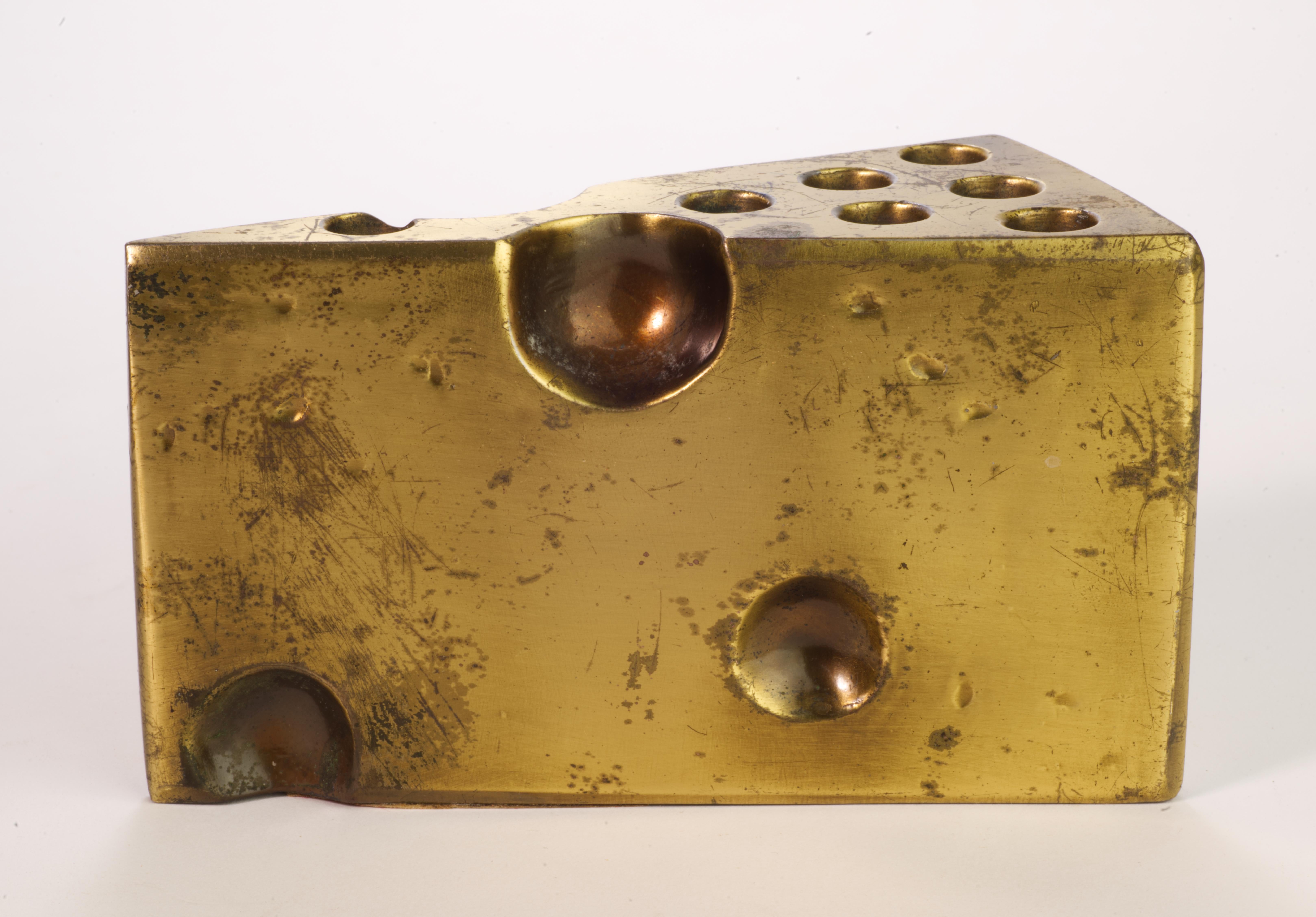 Metal Large Brass Wedge of Swiss Cheese Paperweight or Sculpture