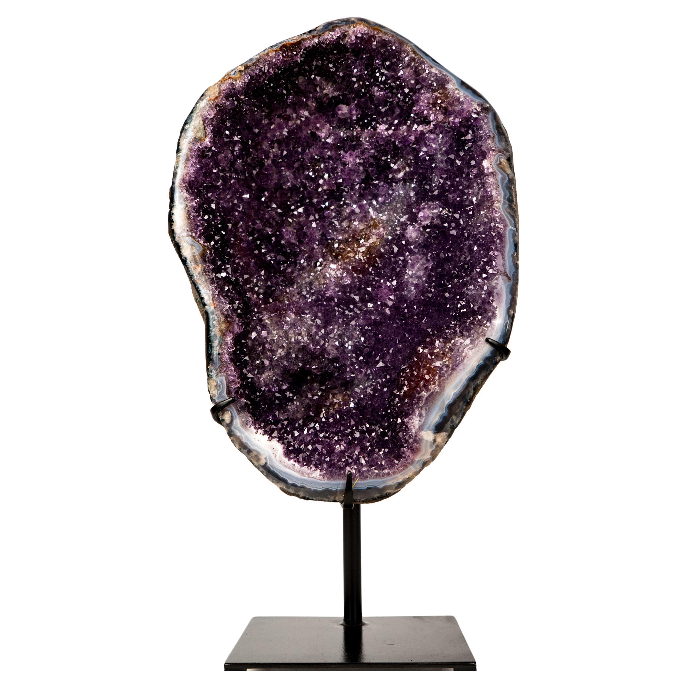 Large Brazilian Amethyst Geode Cluster with Galaxy Druzy & Polished Agate Border For Sale