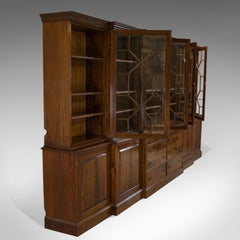 Large Breakfront Bookcase Cabinet, Mahogany, Glazed, Georgian Revival