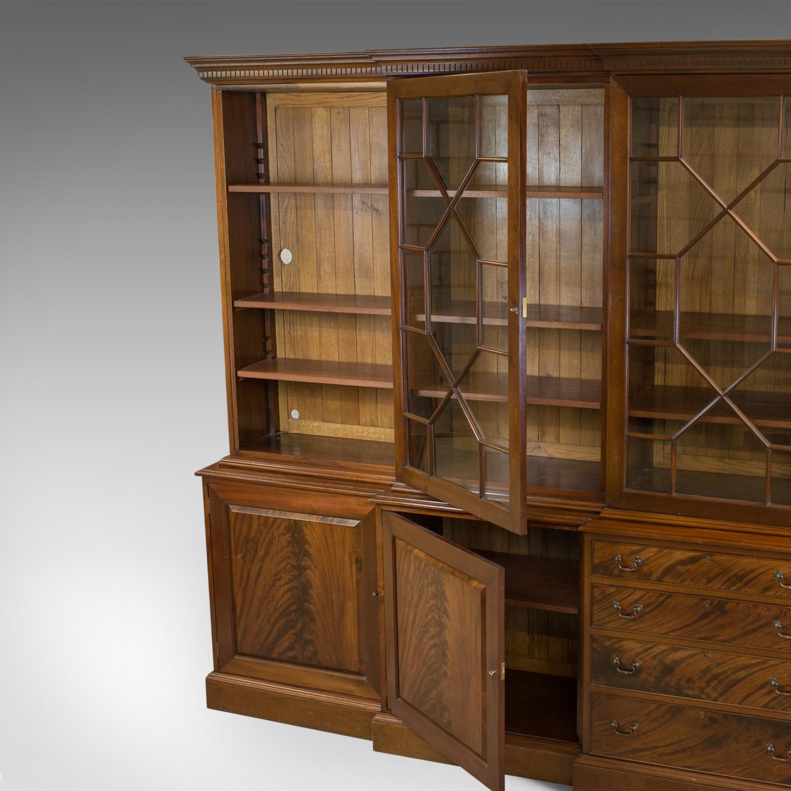 Large Breakfront Bookcase Cabinet, Mahogany, Glazed, Georgian Revival In Good Condition In Hele, Devon, GB