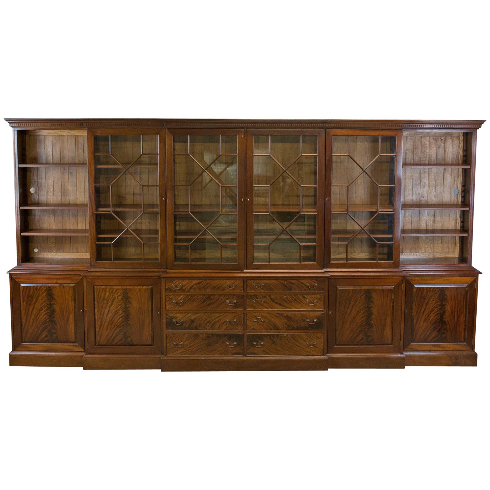 Large Breakfront Bookcase Cabinet, Mahogany, Glazed, Georgian Revival