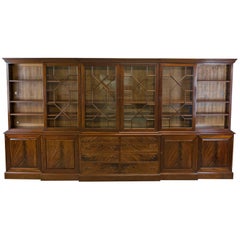 Retro Large Breakfront Bookcase Cabinet, Mahogany, Glazed, Georgian Revival