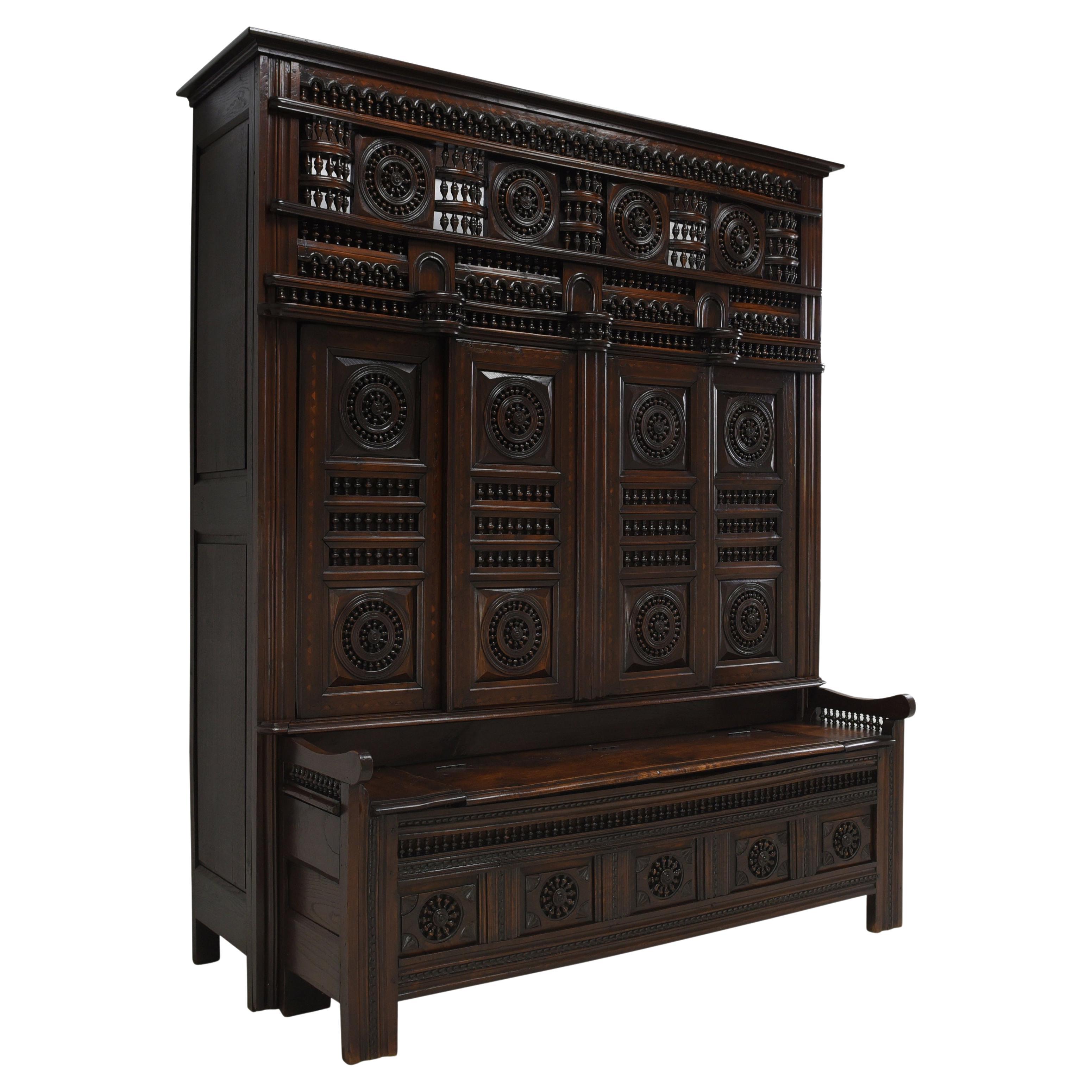Large Breton Cabinet with Bench in Chestnut and Oak, 1880 For Sale