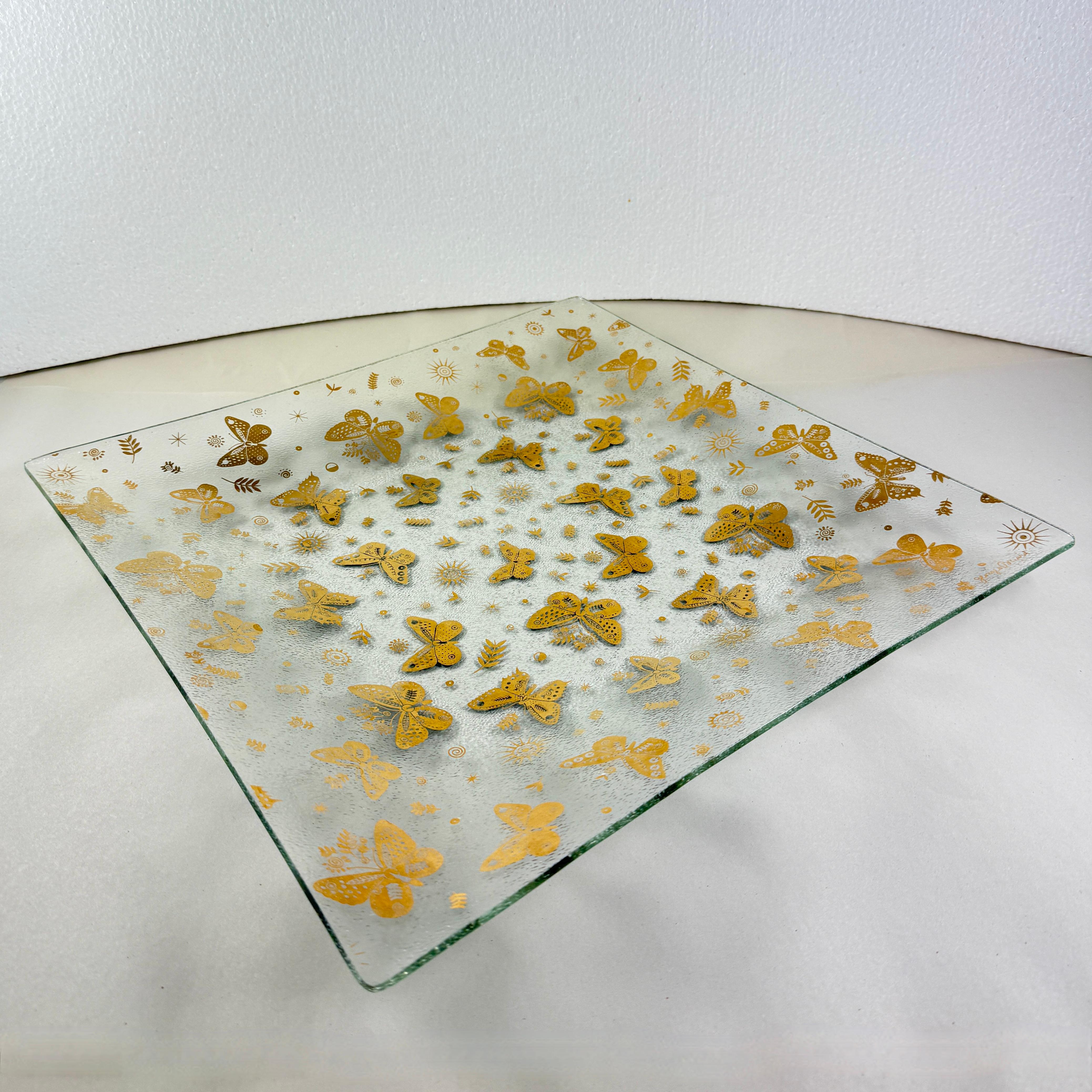 Large Briard Bent Glass Gold Butterfly Square Platter For Sale 3
