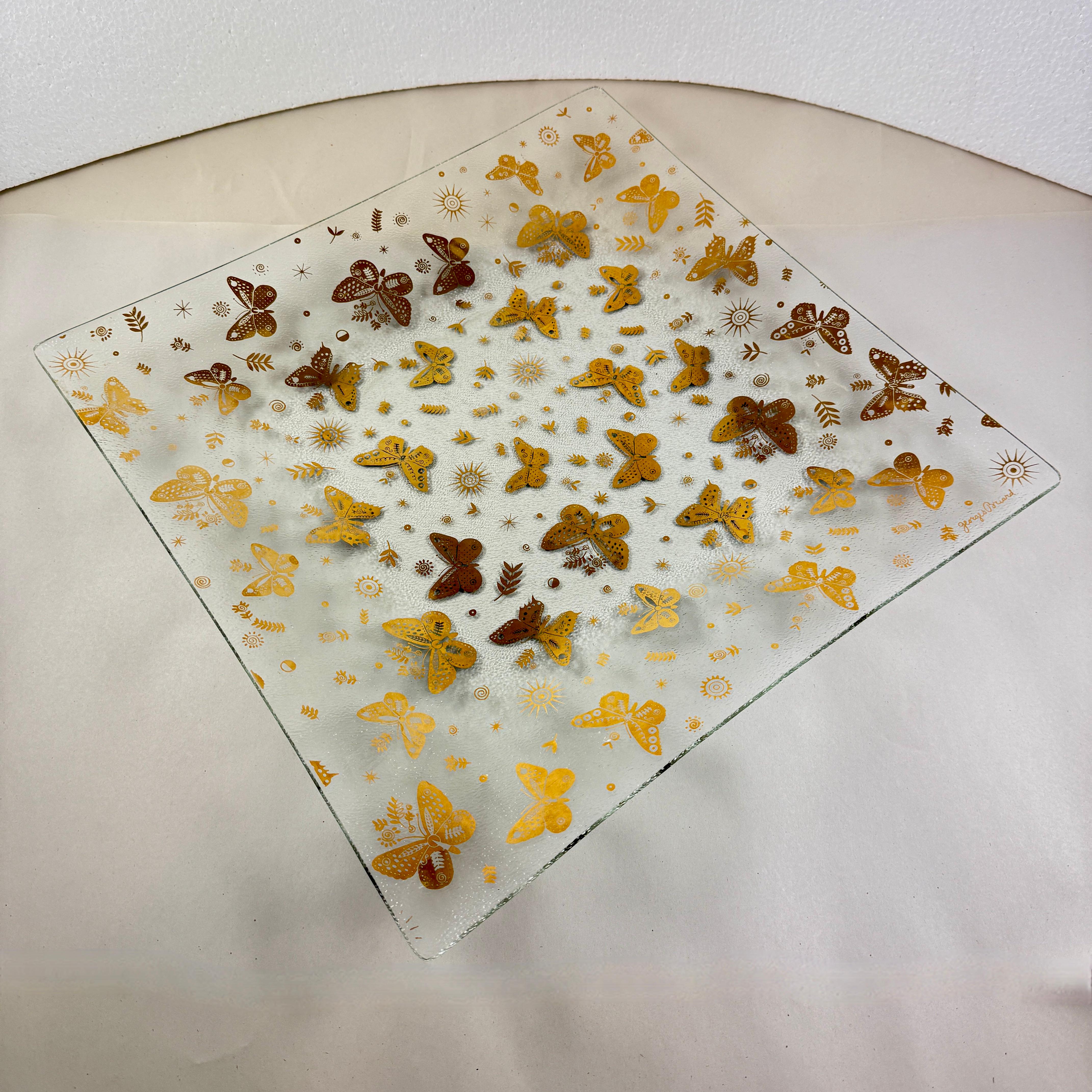 Large Briard Bent Glass Gold Butterfly Square Platter For Sale 4