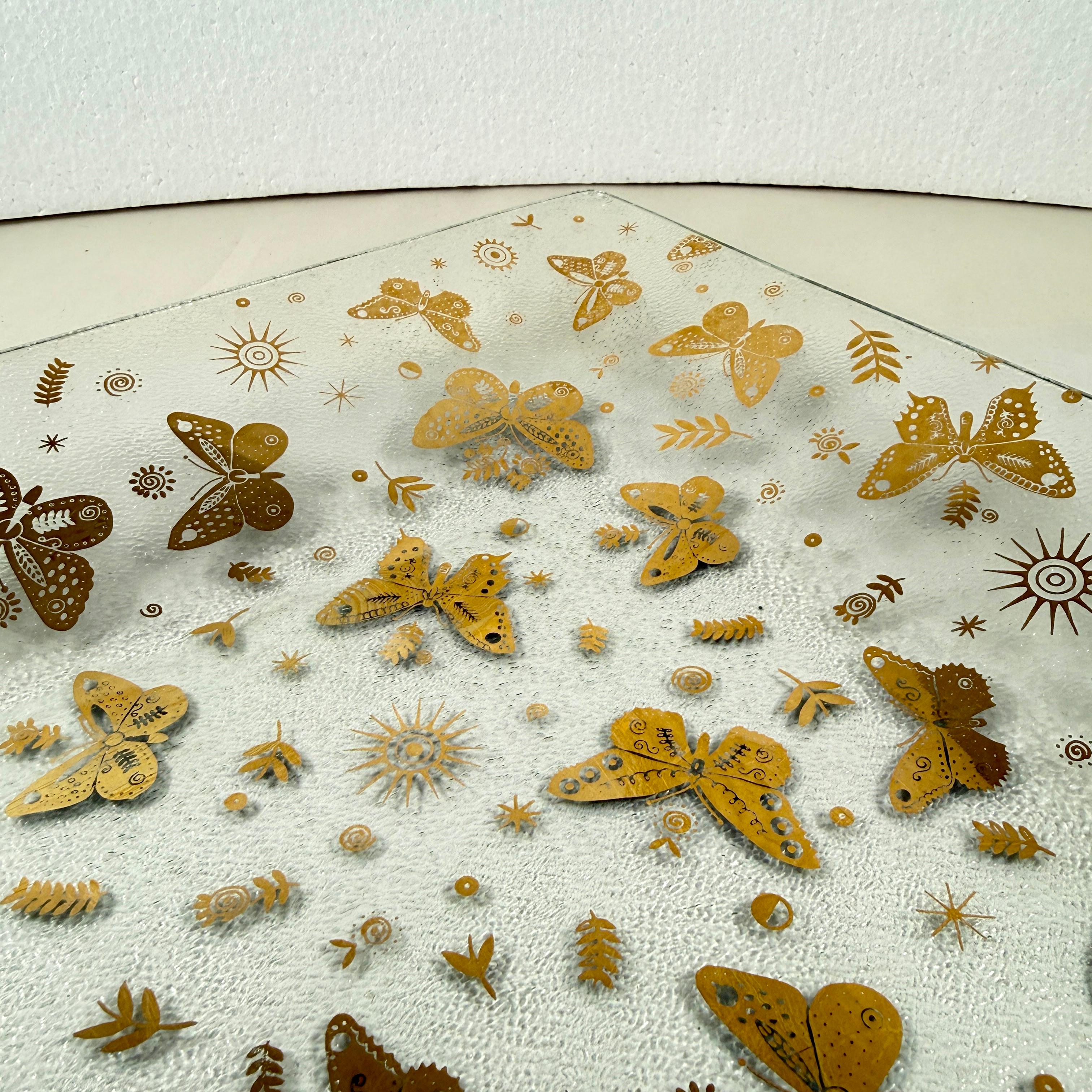 Large Briard Bent Glass Gold Butterfly Square Platter For Sale 5