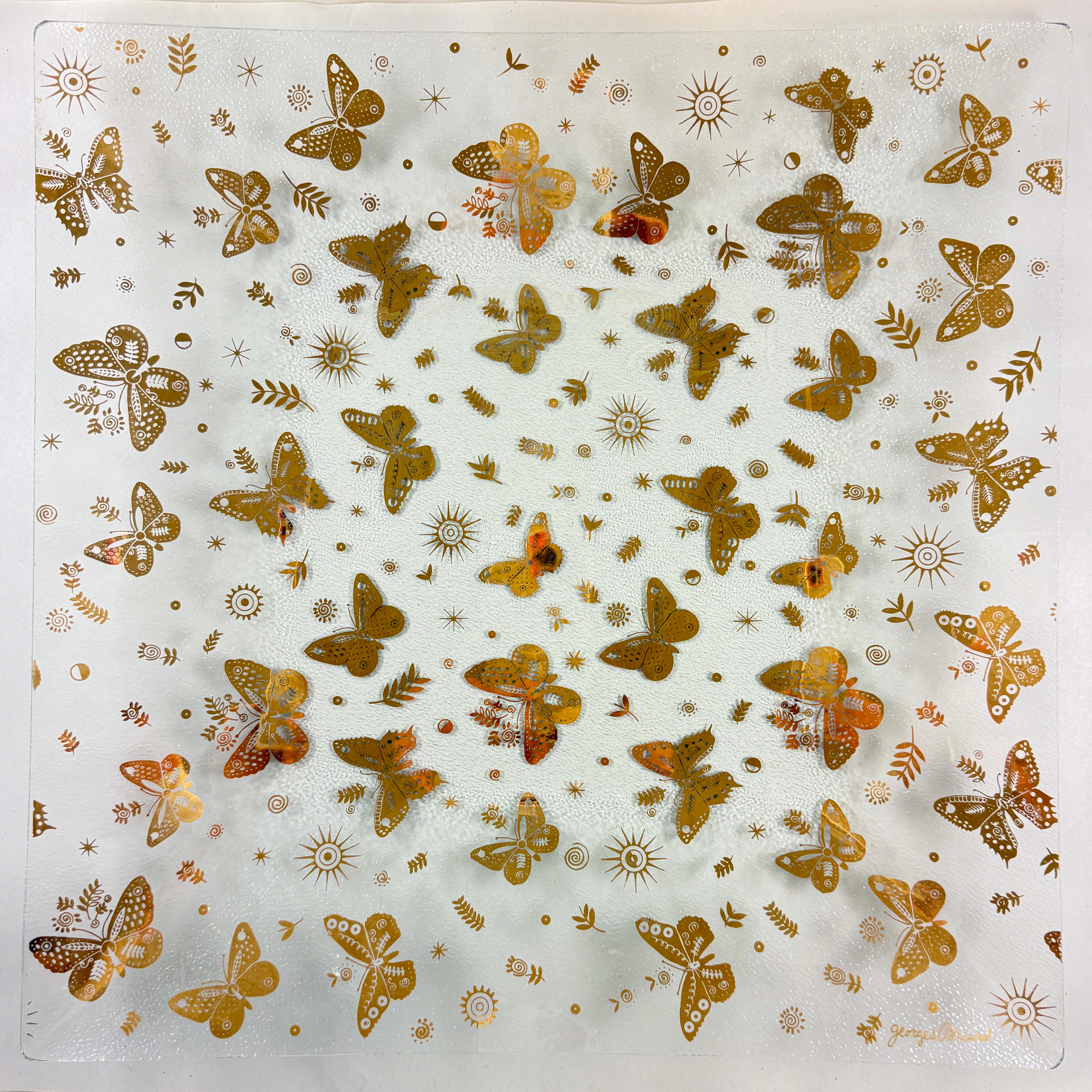 
From the designer Georges Briard, and from the Butterfly collection, a large square pebbled glass and gold leaf platter, circa 1969.

Georges Briard created his Butterfly collection for his 1969 catalogue. The glassware serving pieces are