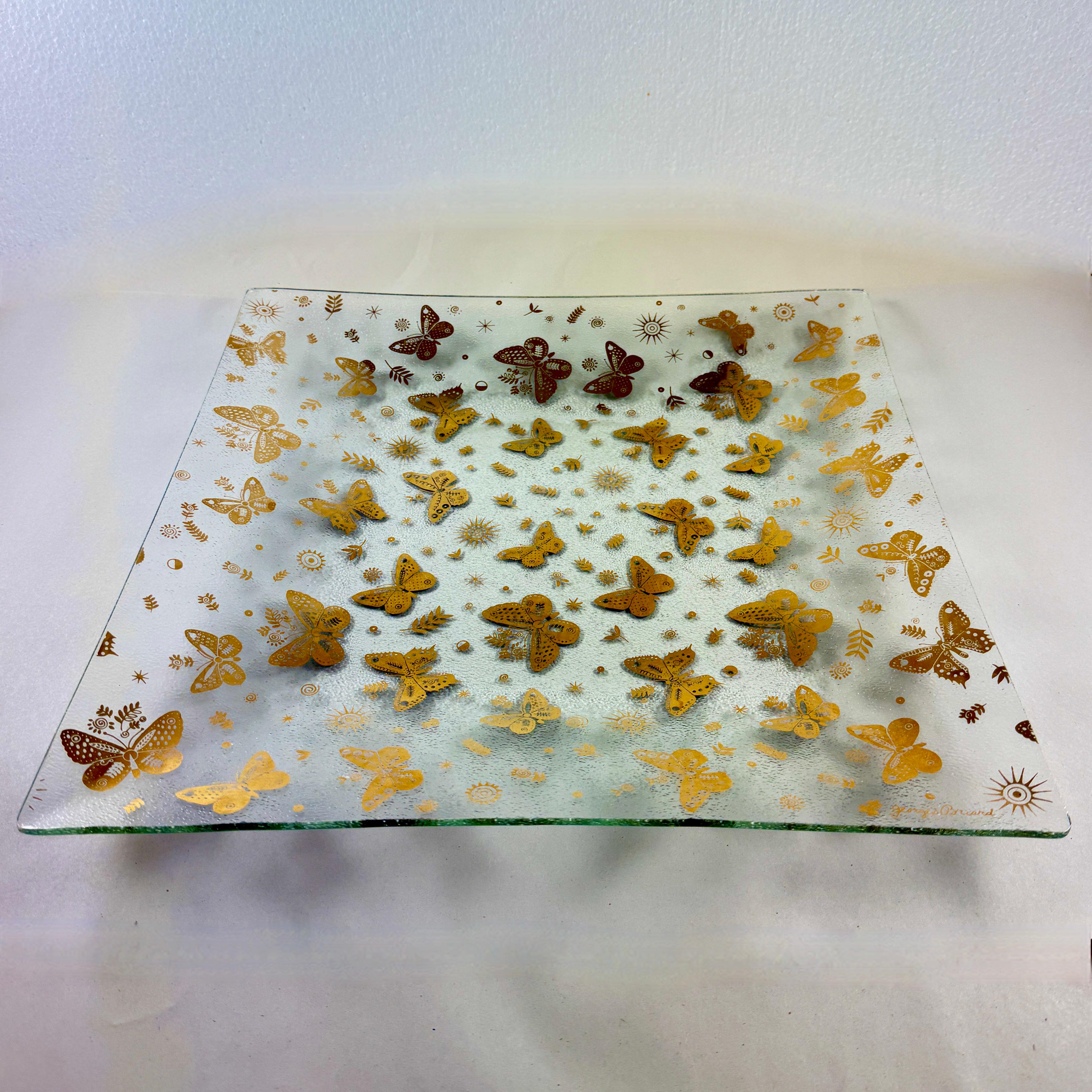 Enameled Large Briard Bent Glass Gold Butterfly Square Platter For Sale
