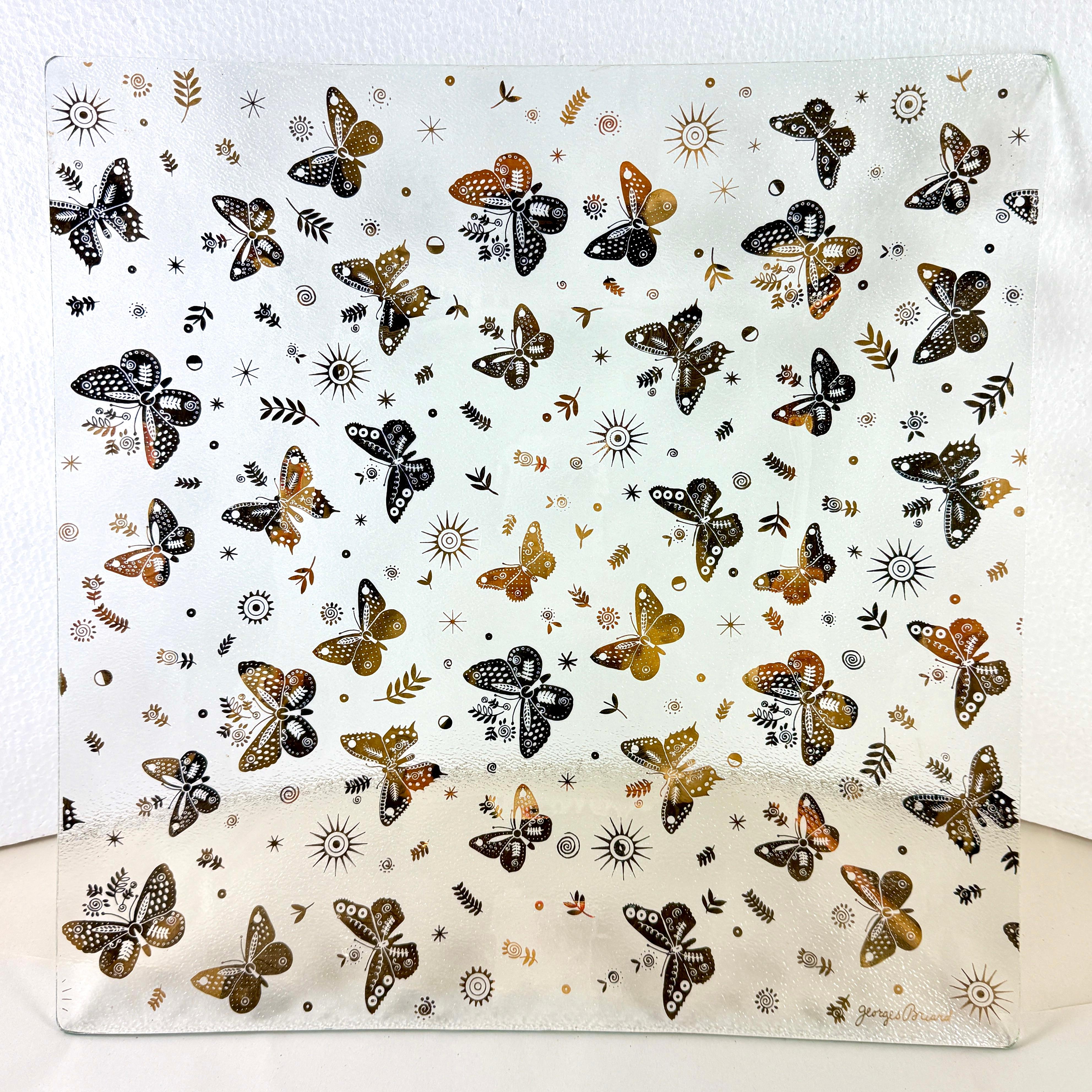 Mid-20th Century Large Briard Bent Glass Gold Butterfly Square Platter For Sale