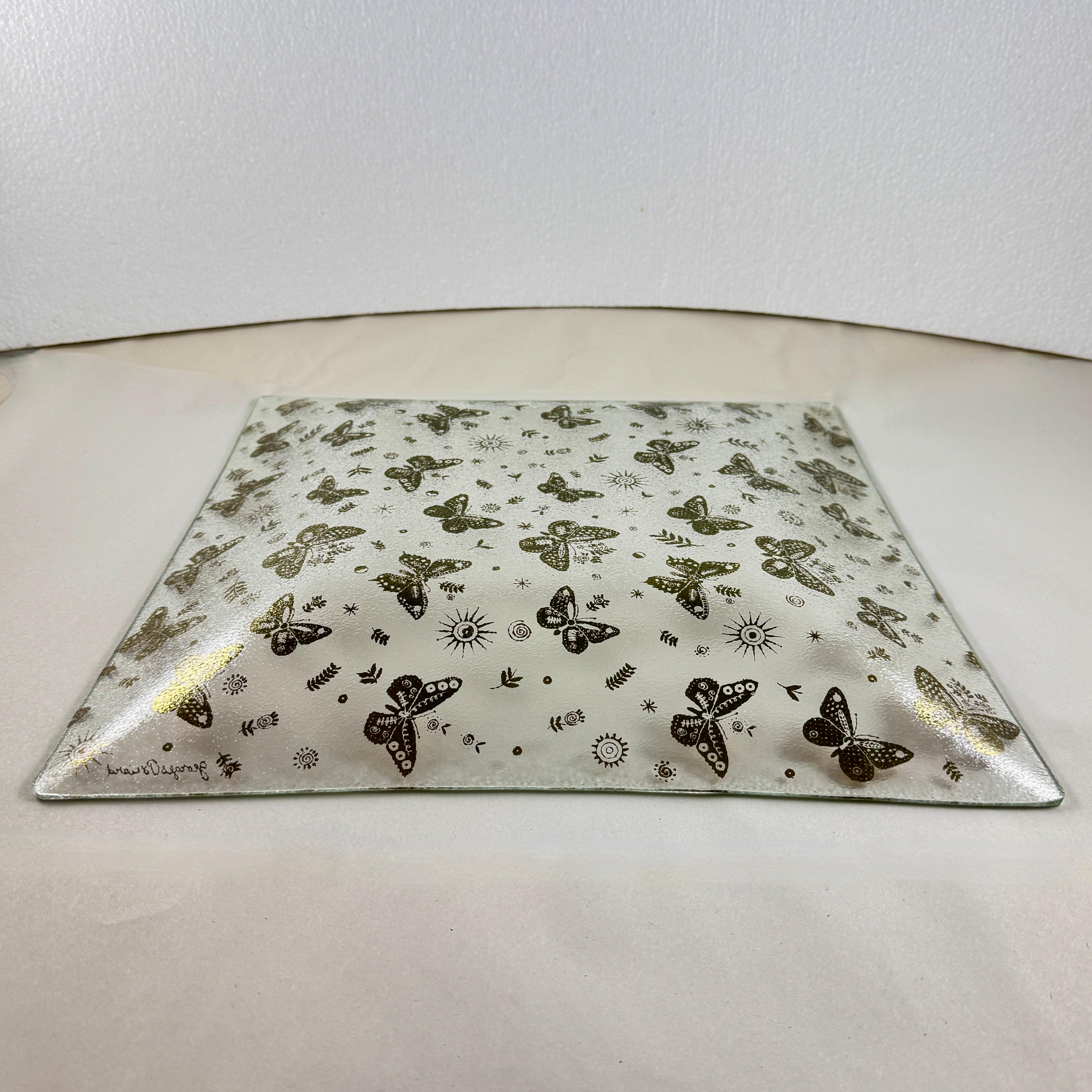 Large Briard Bent Glass Gold Butterfly Square Platter For Sale 1