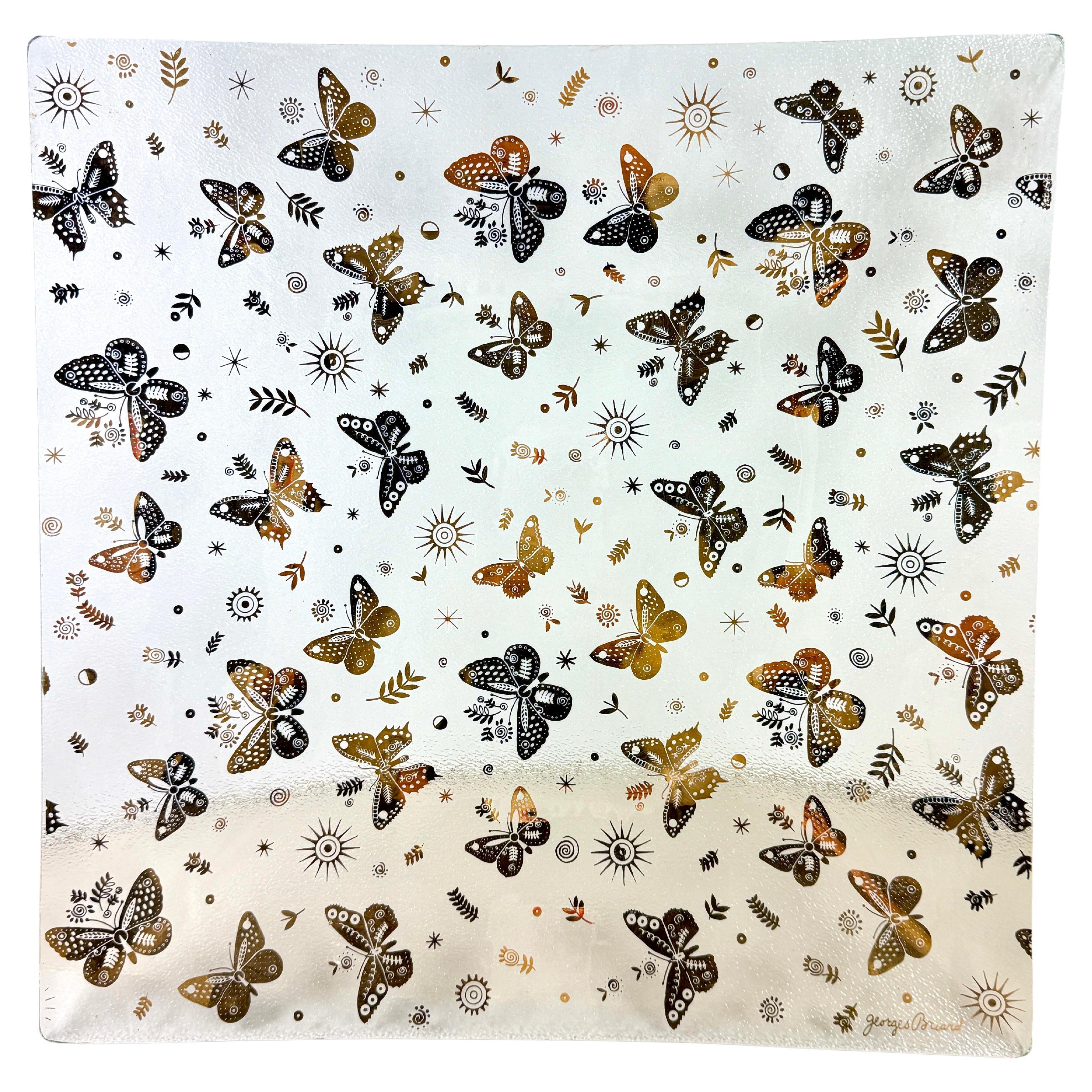 Large Briard Bent Glass Gold Butterfly Square Platter For Sale