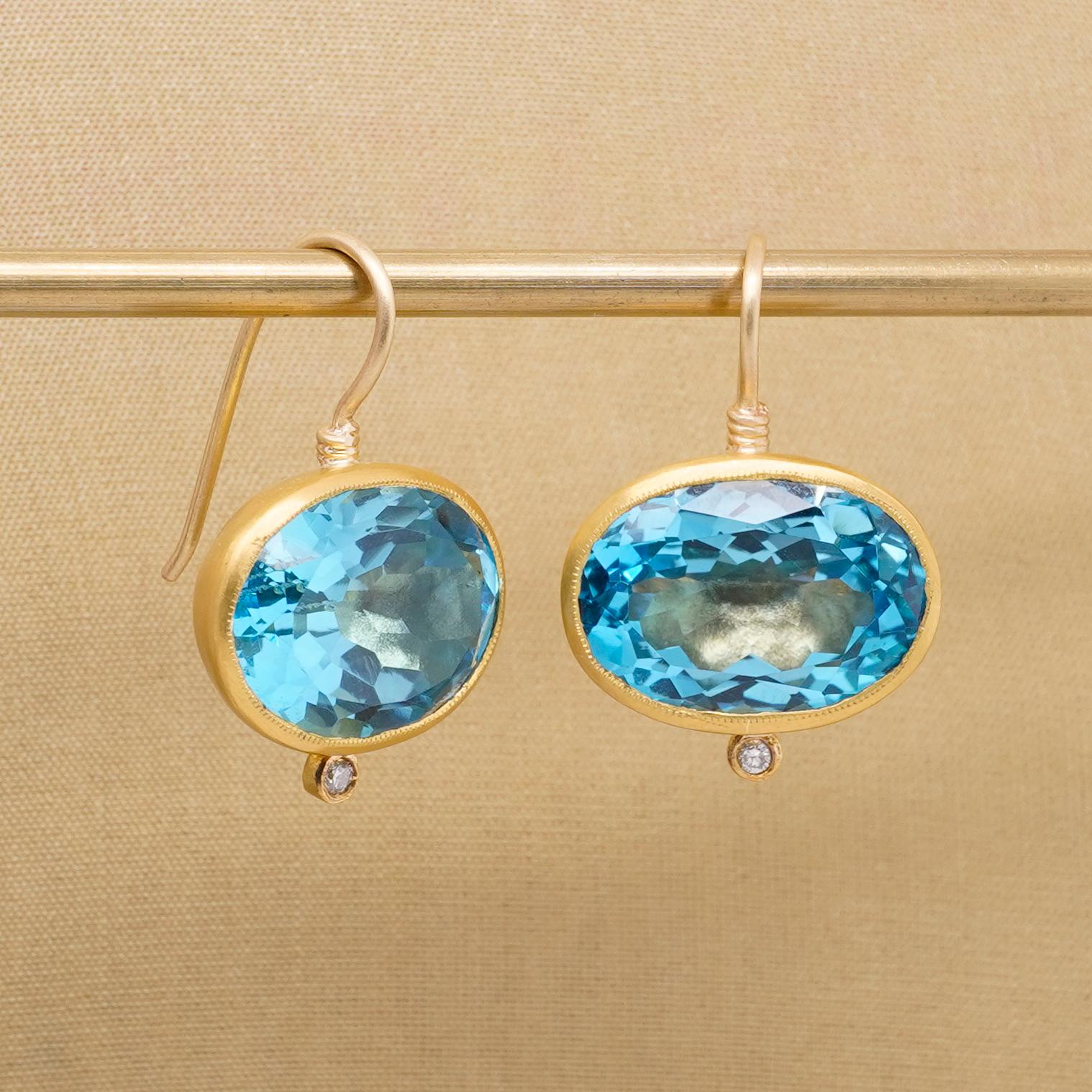 Artisan Large Bright, 22.15 Ct, Oval, Blue Topaz, Earrings with Diamond Detail, in 24kt For Sale