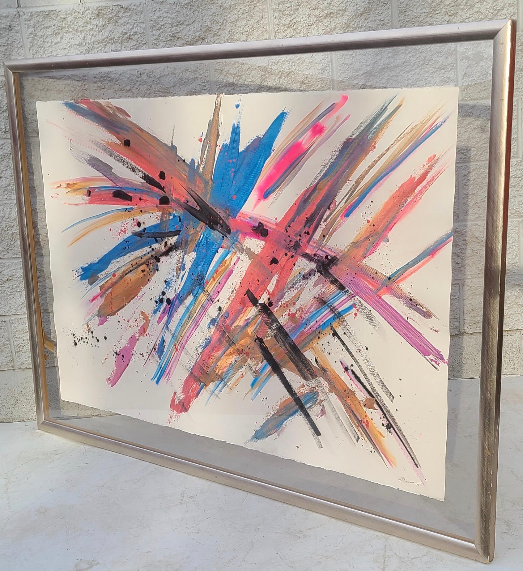 Large Bright Abstract Expressionist Painting on Paper 1986 For Sale 6