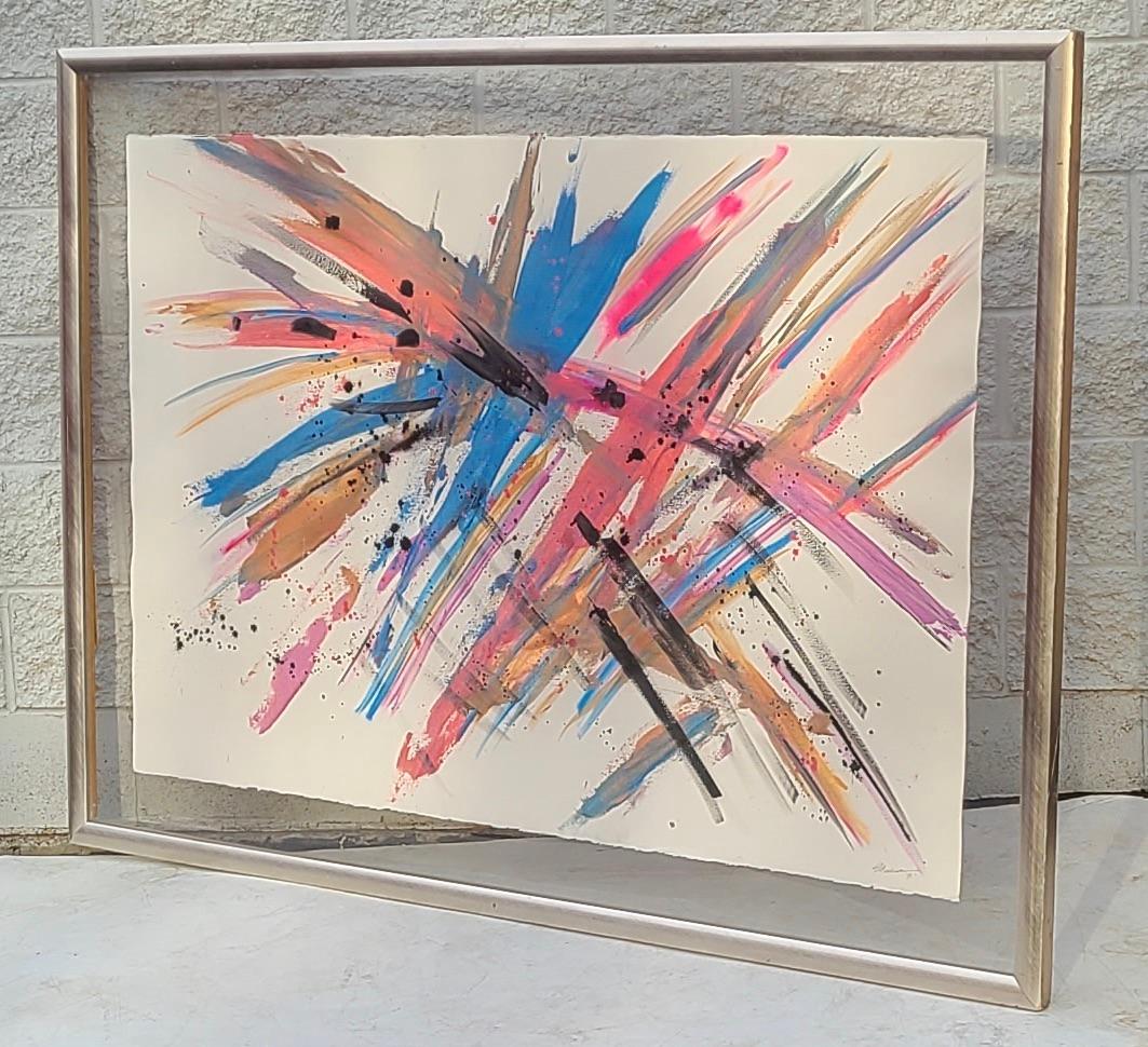 Large Bright Abstract Expressionist Painting on Paper 1986 For Sale 7