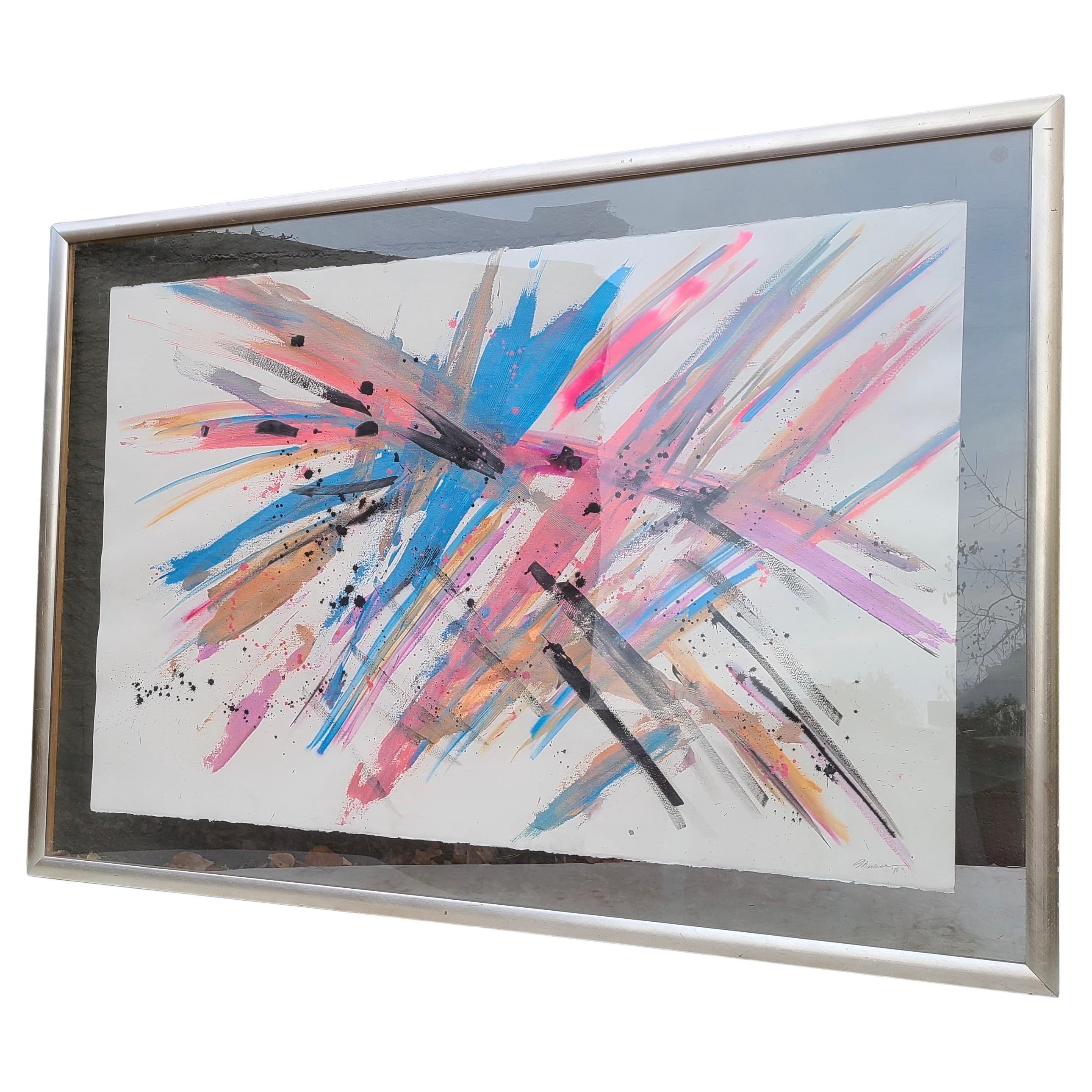 Large Bright Abstract Expressionist Painting on Paper 1986 For Sale 8