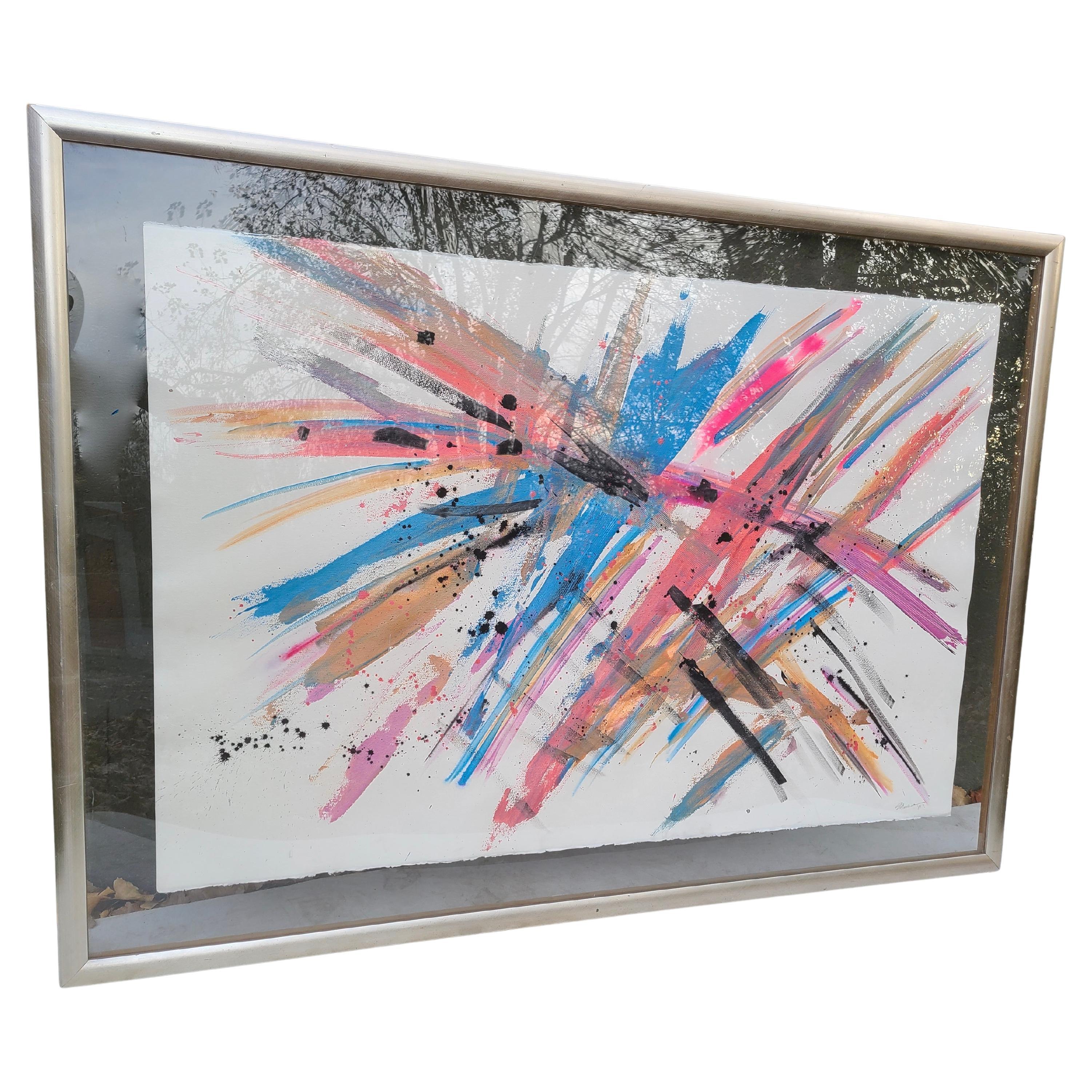 Large Bright Abstract Expressionist Painting on Paper 1986 For Sale 9
