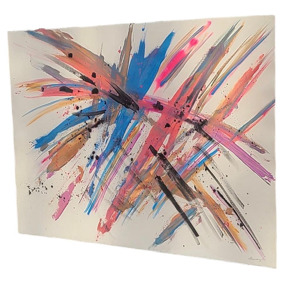 Large Bright Abstract Expressionist Painting on Paper 1986 In Good Condition For Sale In Fraser, MI