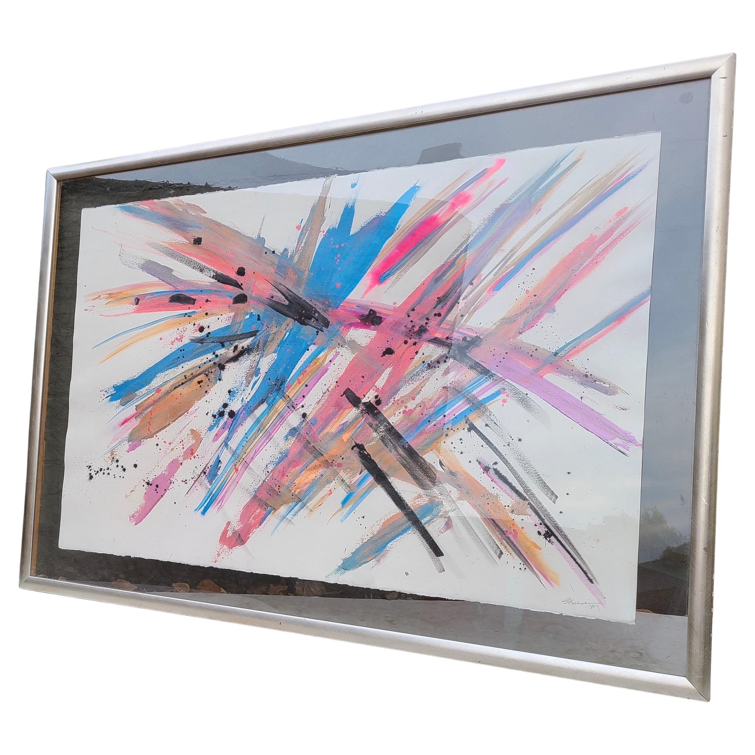 Late 20th Century Large Bright Abstract Expressionist Painting on Paper 1986 For Sale