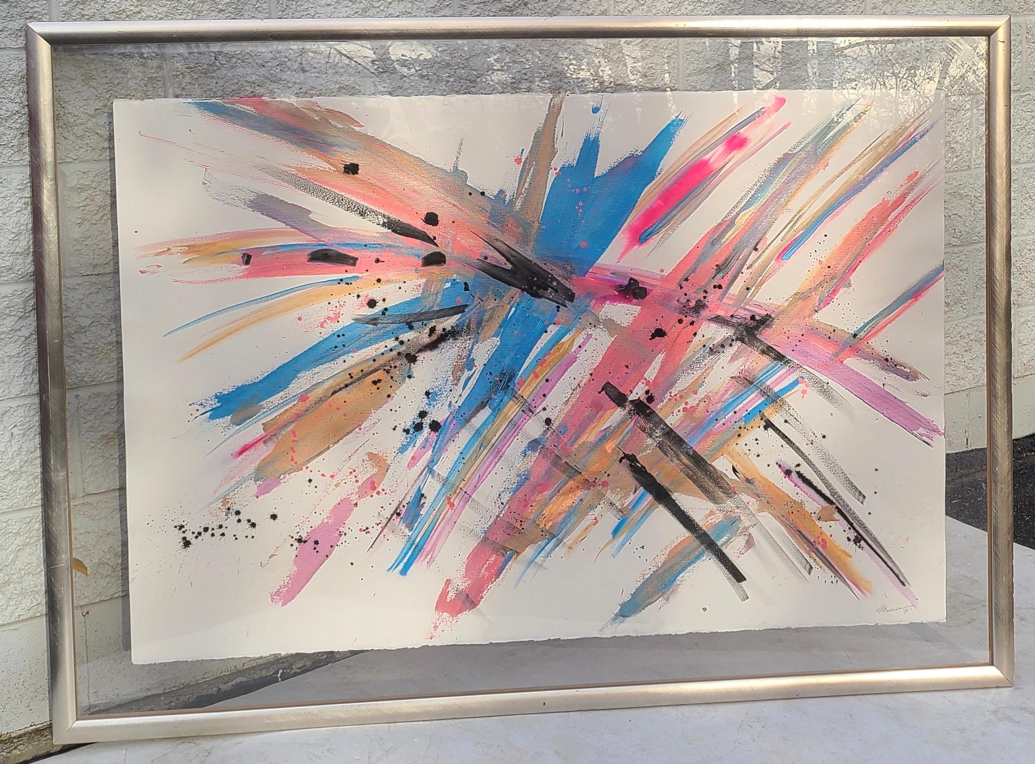 Large Bright Abstract Expressionist Painting on Paper 1986 For Sale 2