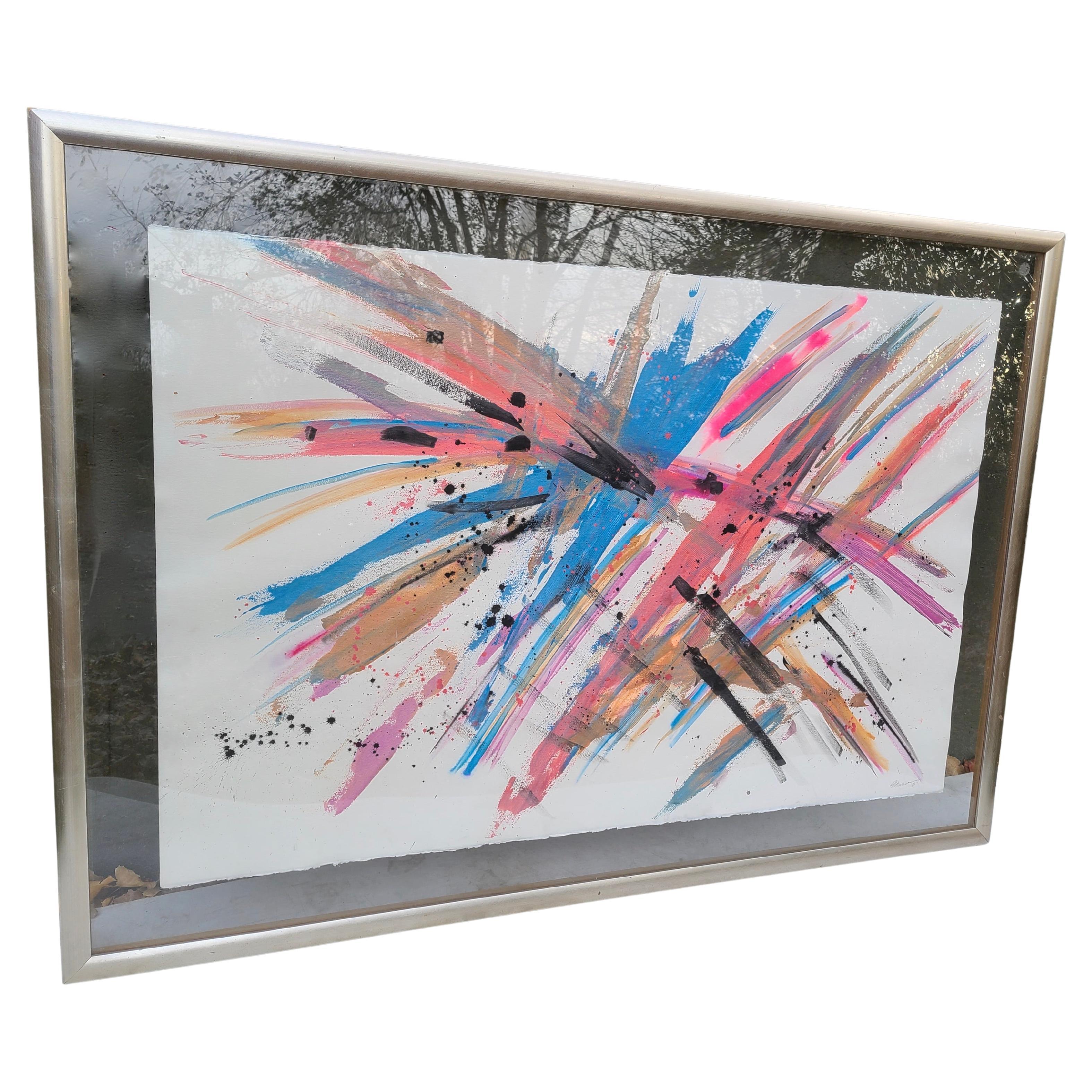 Large Bright Abstract Expressionist Painting on Paper 1986 For Sale 3