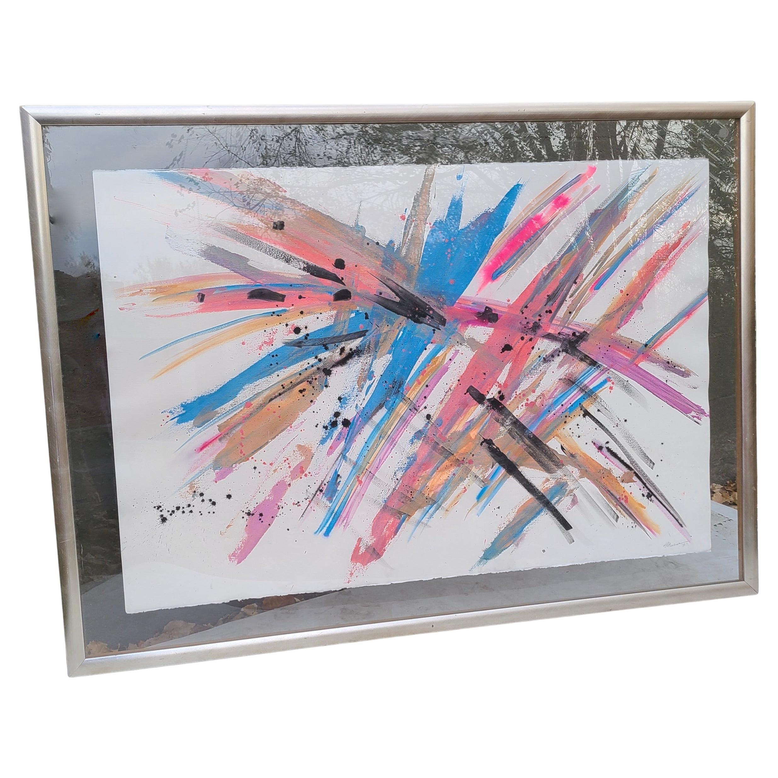 Large Bright Abstract Expressionist Painting on Paper 1986 For Sale 4